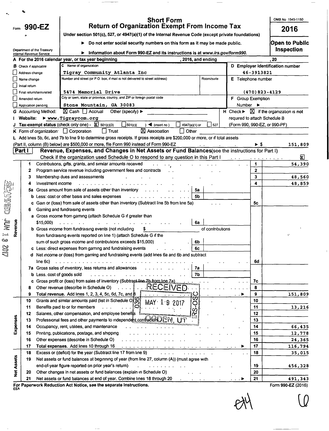 Image of first page of 2016 Form 990EZ for Tigray Community Atlanta Inc Community Service