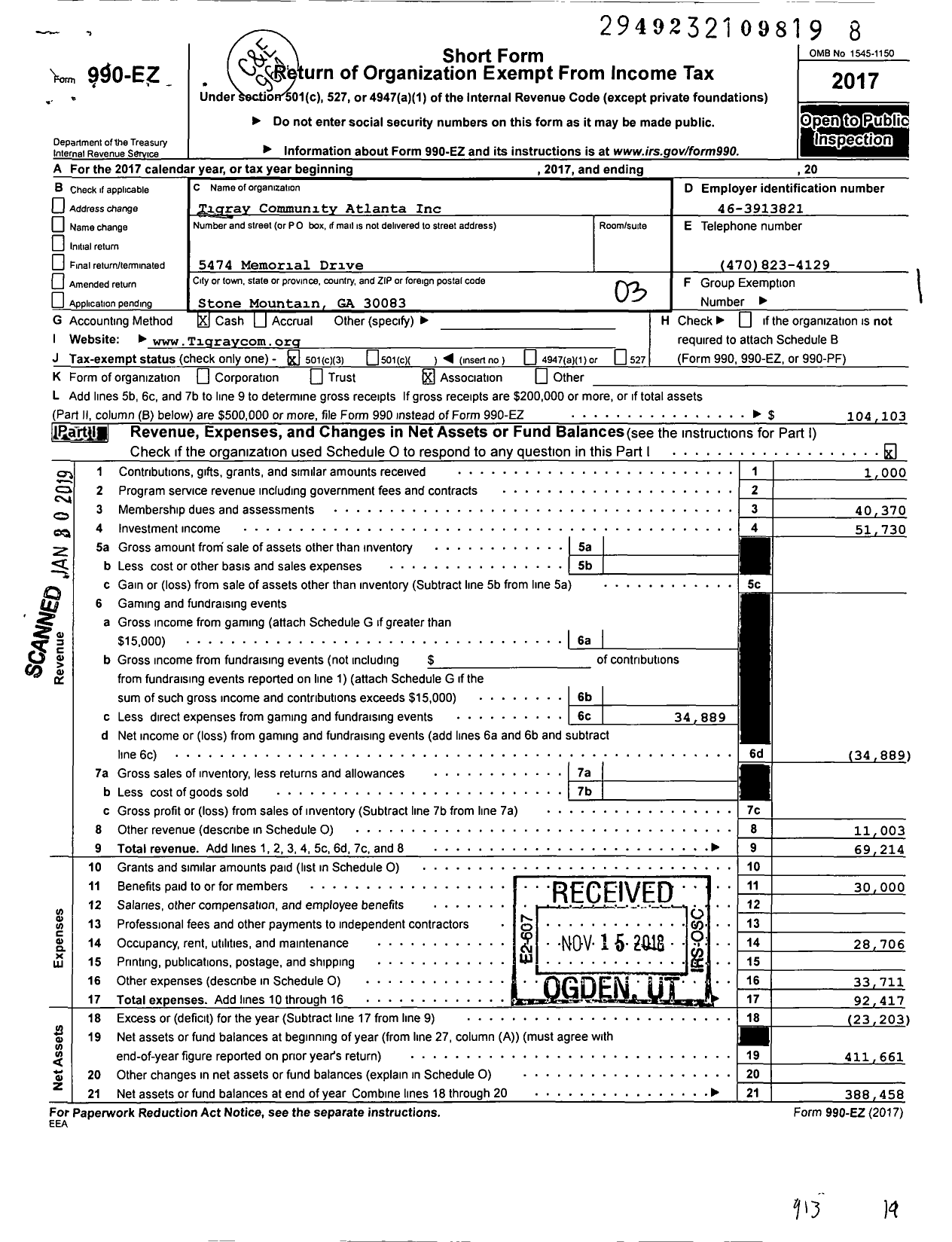 Image of first page of 2017 Form 990EZ for Tigray Community Atlanta Inc Community Service