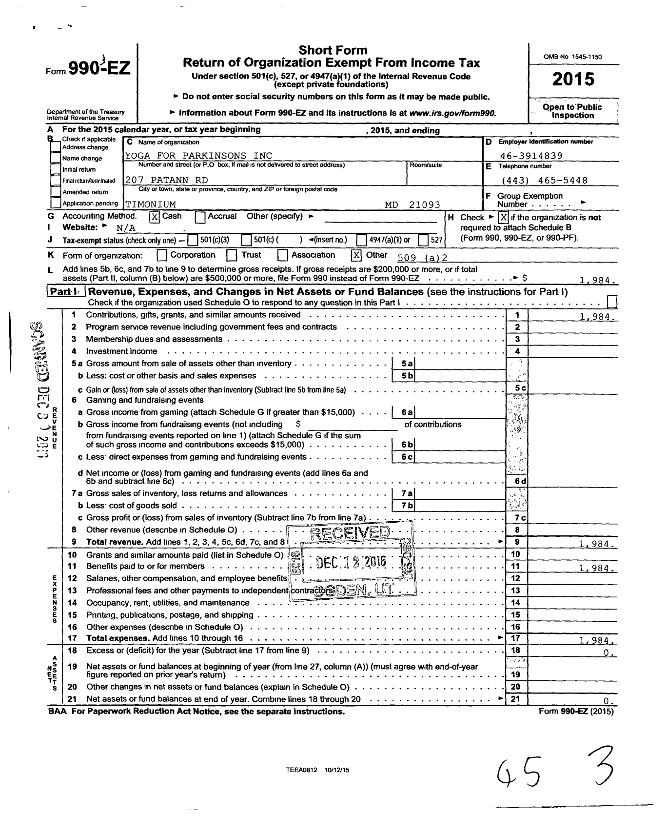 Image of first page of 2015 Form 990EO for Yoga for Parkinsons