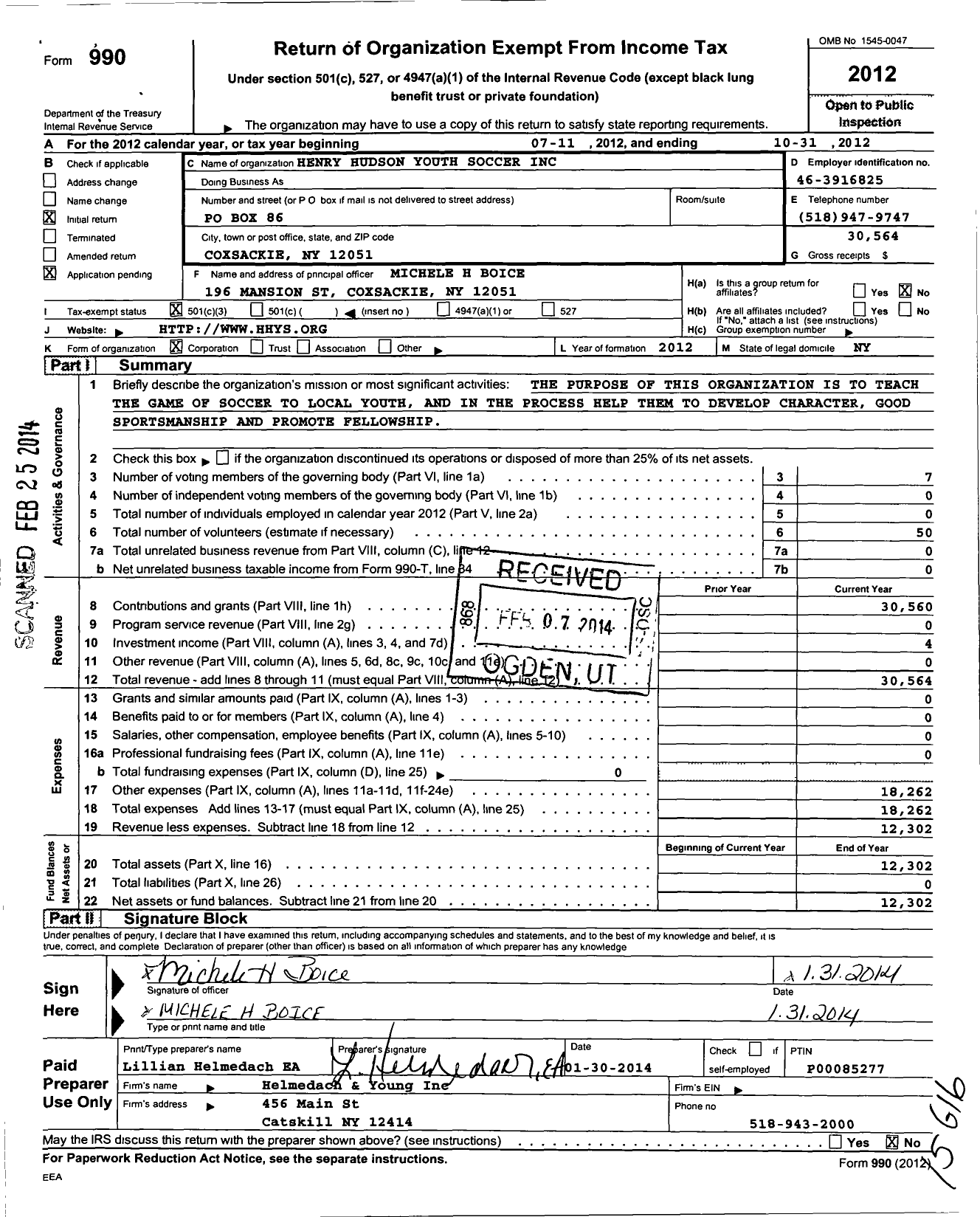 Image of first page of 2011 Form 990 for Henry Hudson Youth Soccer