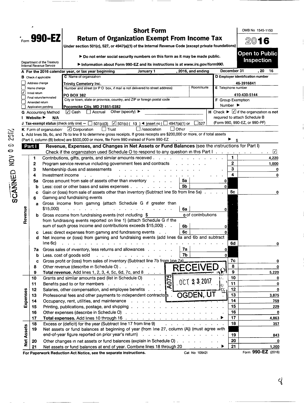 Image of first page of 2016 Form 990EO for Trinity Cemetery