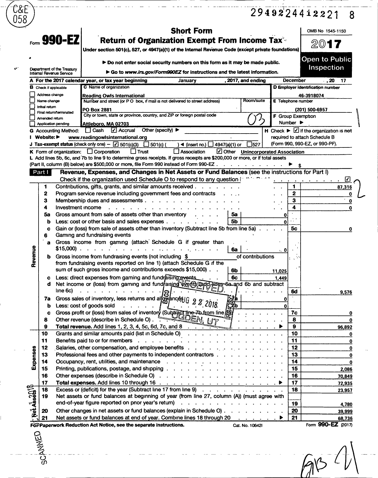 Image of first page of 2017 Form 990EZ for Reading Owls International