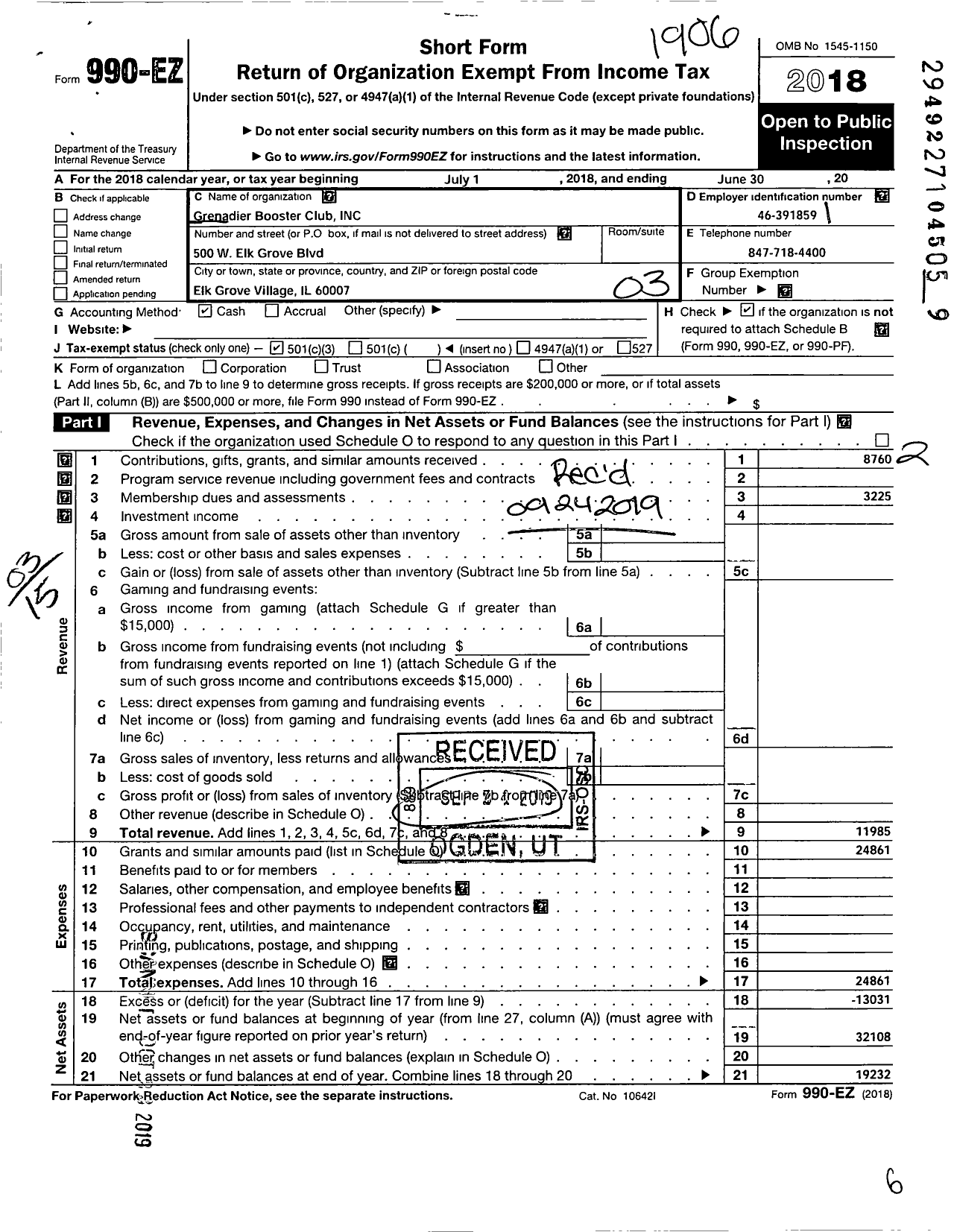 Image of first page of 2018 Form 990EZ for Grenadier Booster Club