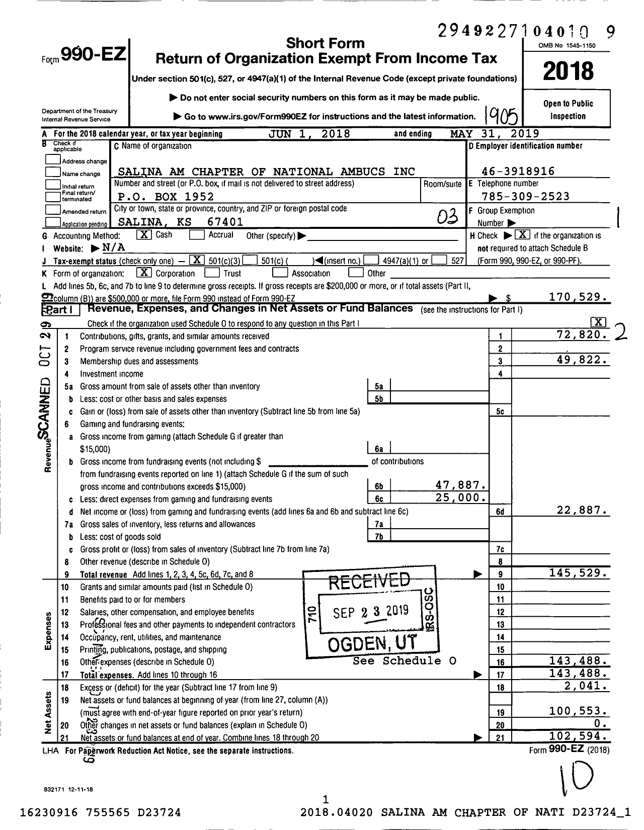 Image of first page of 2018 Form 990EZ for Salina AM Chapter of National AMBUCS