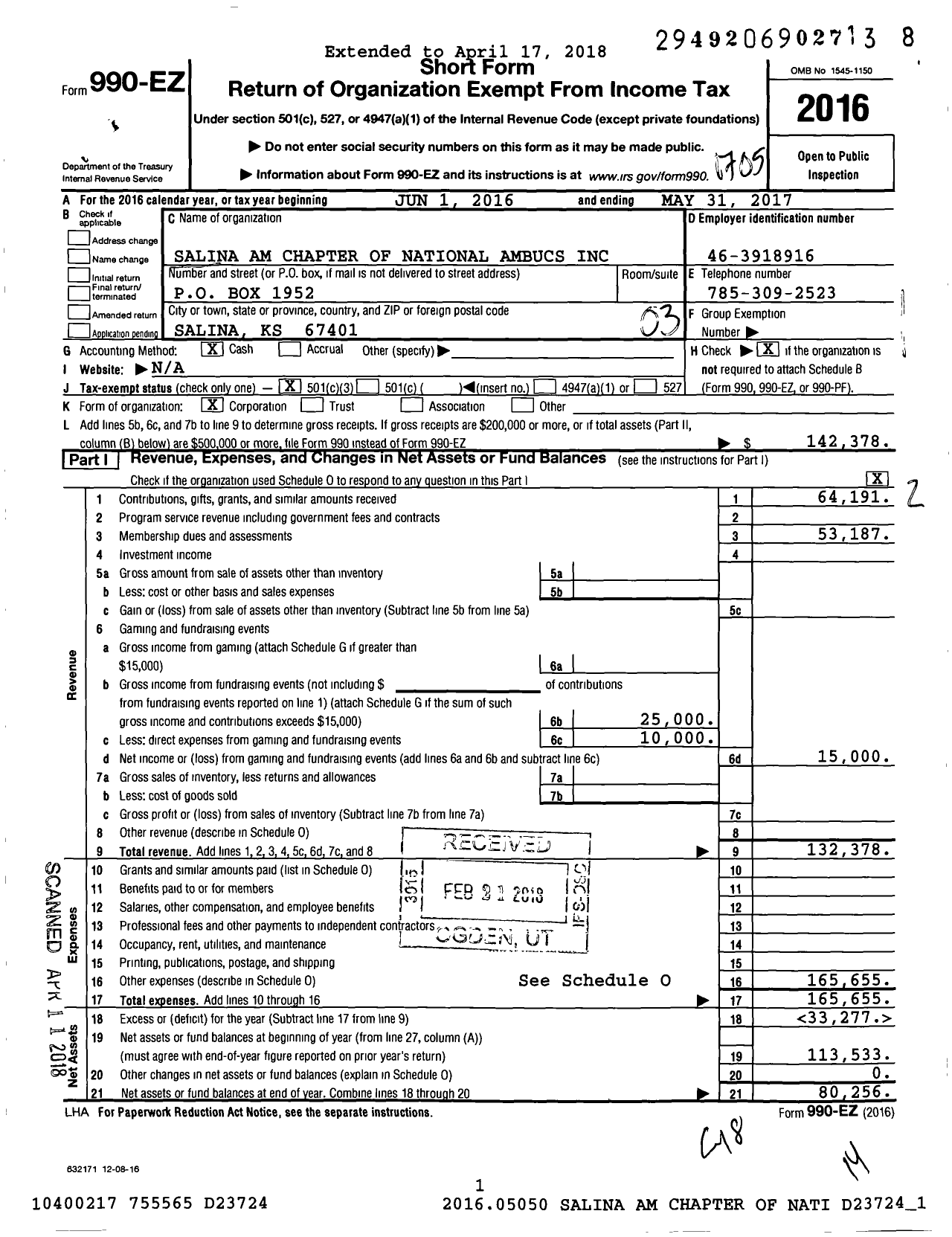 Image of first page of 2016 Form 990EZ for Salina AM Chapter of National AMBUCS