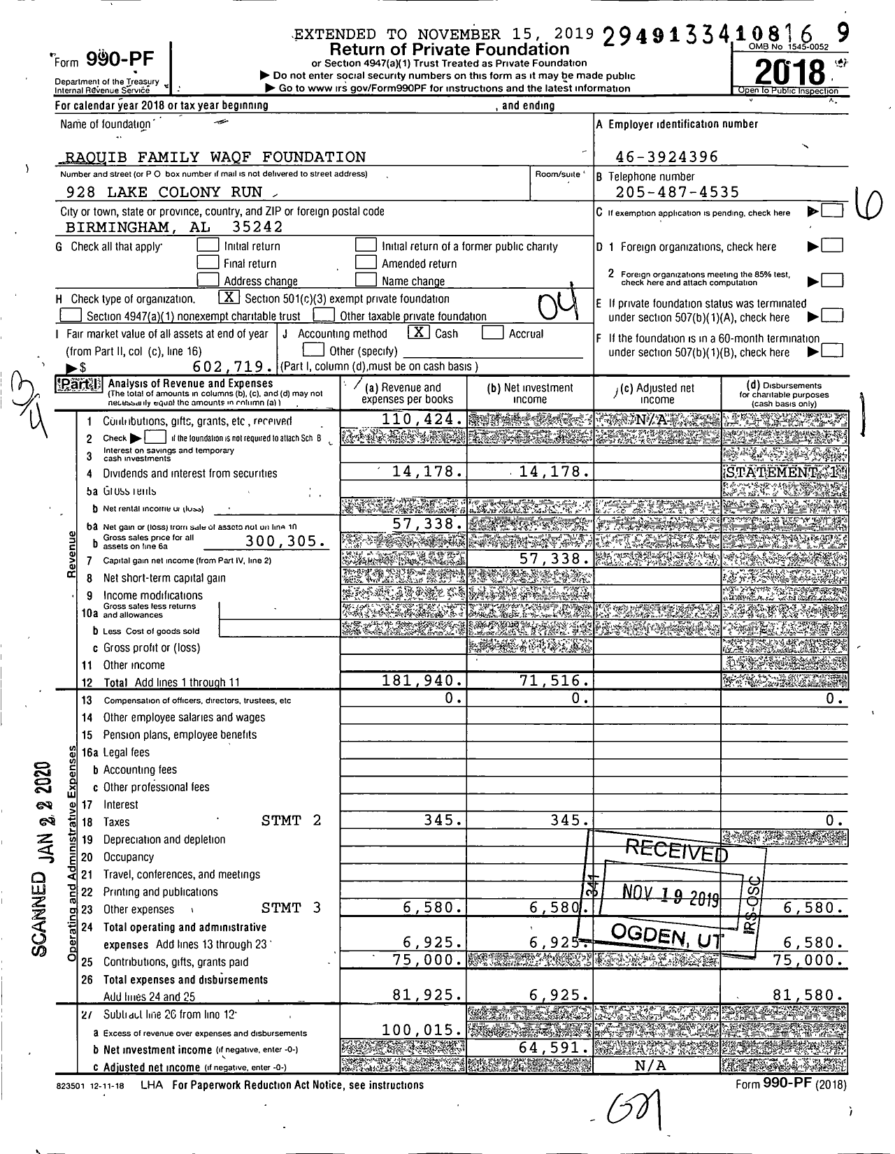 Image of first page of 2018 Form 990PF for Raquib Family Waqf Foundation