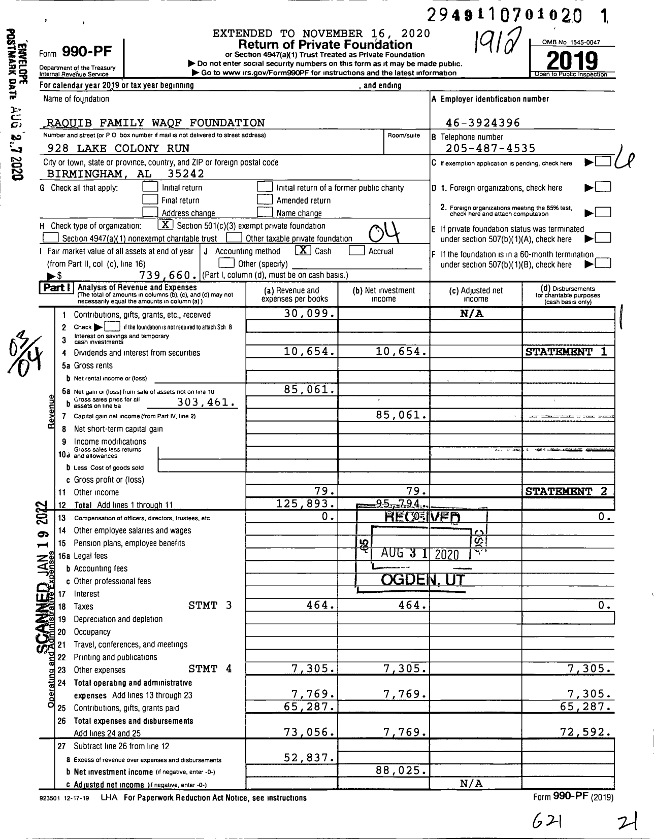 Image of first page of 2019 Form 990PF for Raquib Family Waqf Foundation