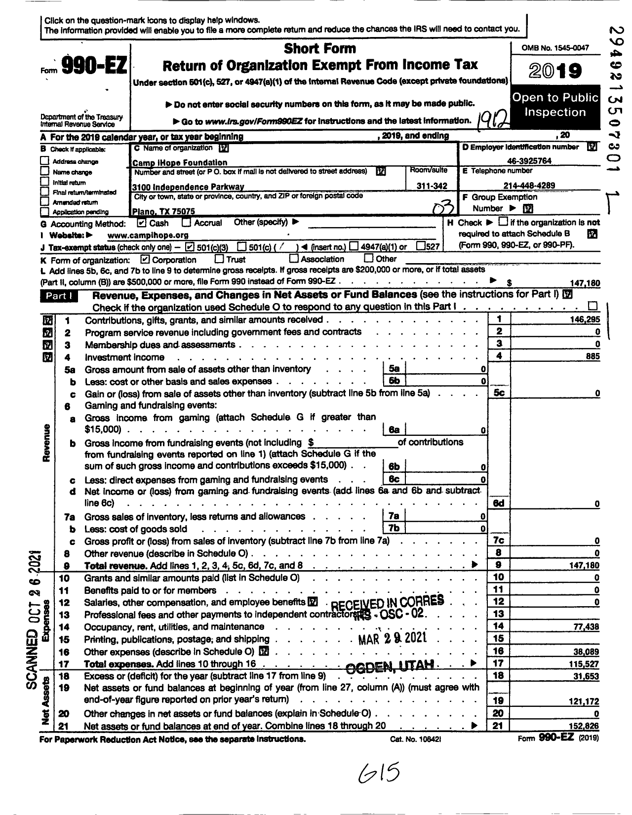 Image of first page of 2019 Form 990EZ for Camp Ihope Foundation