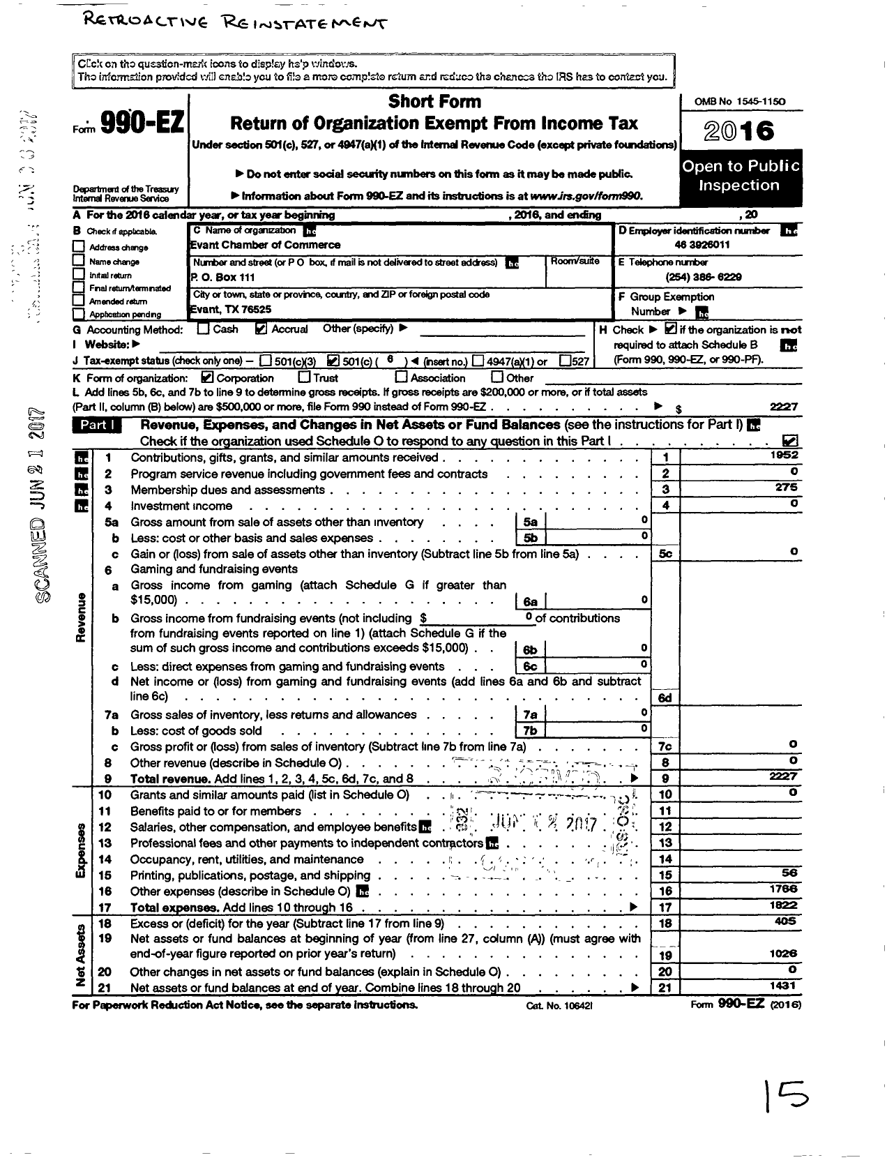 Image of first page of 2016 Form 990EO for Evant Chamber of Commerce