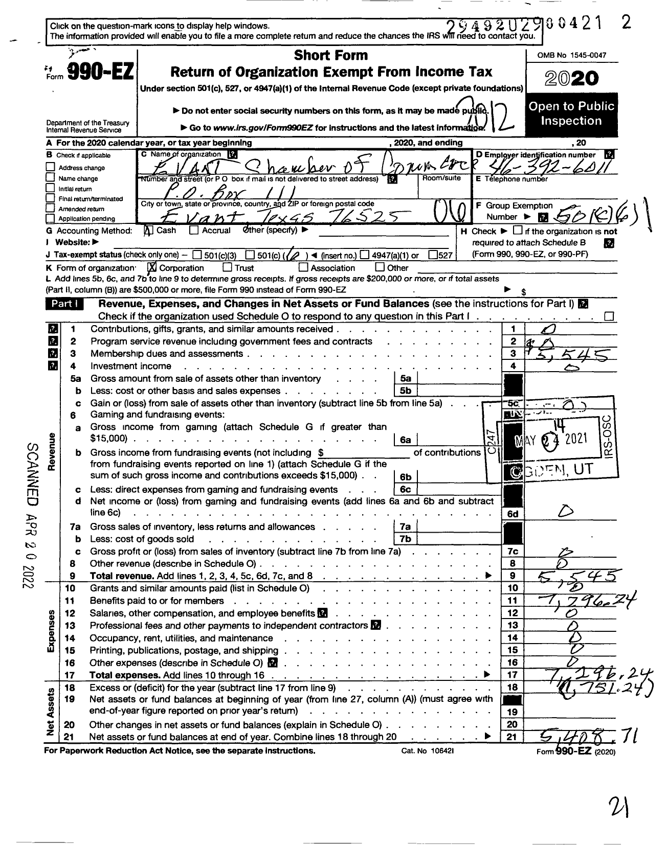 Image of first page of 2020 Form 990EO for Evant Chamber of Commerce