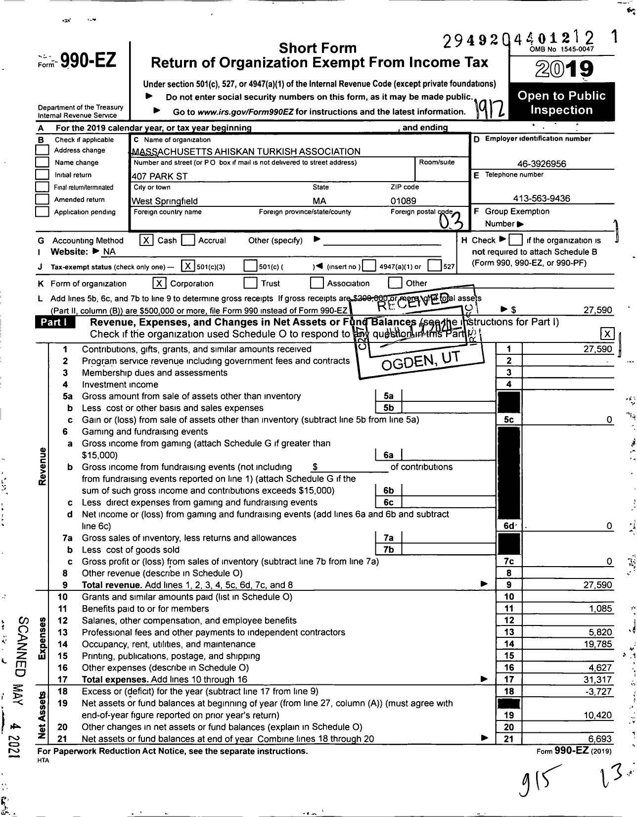 Image of first page of 2019 Form 990EZ for Massachusetts Ahiskan Turkish Association