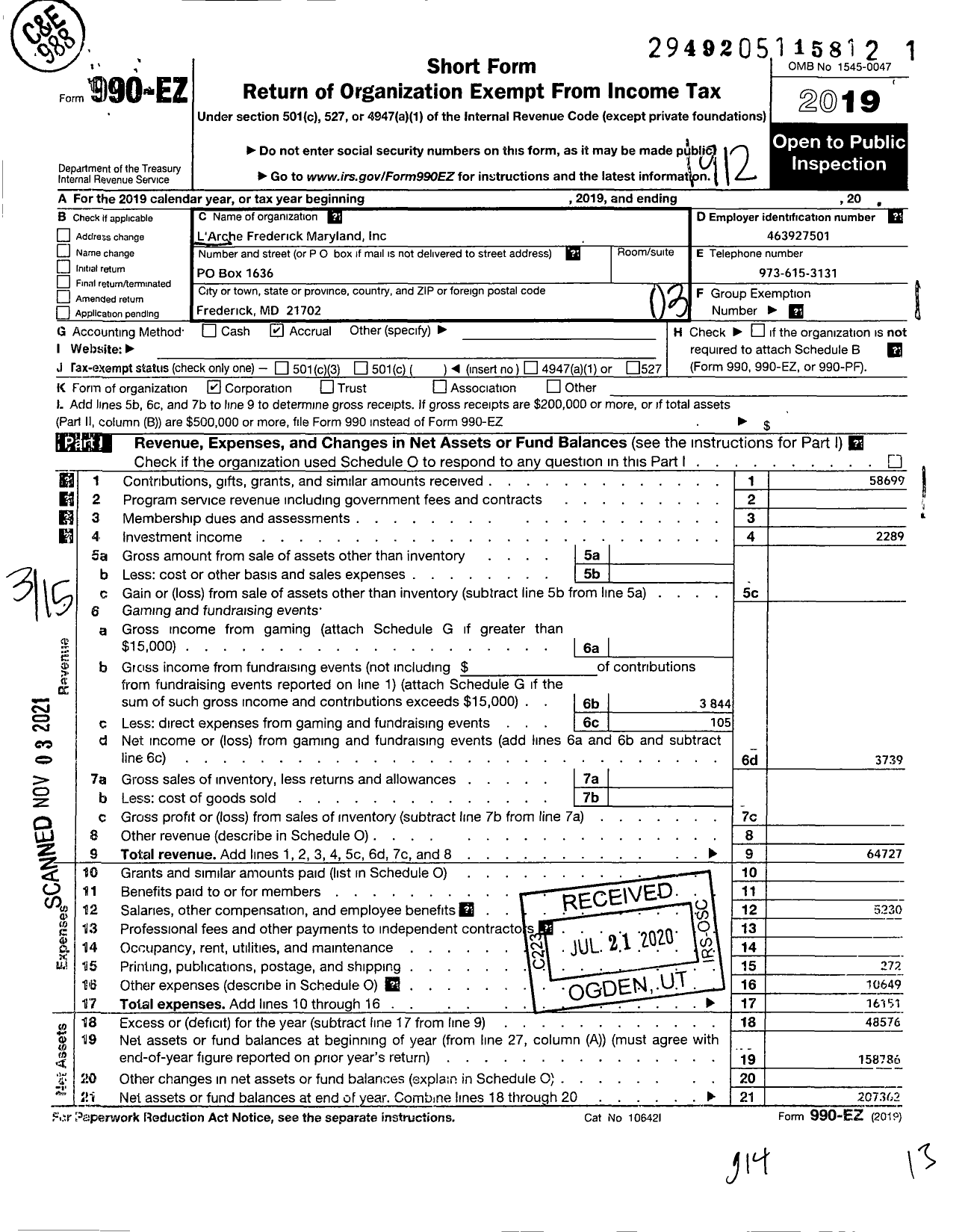 Image of first page of 2019 Form 990EZ for L'Arche Frederick Maryland
