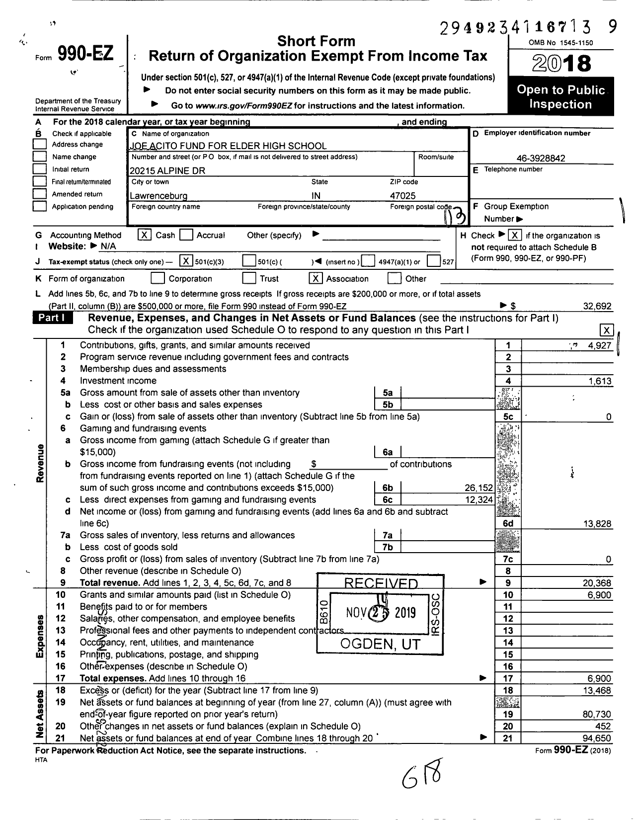 Image of first page of 2018 Form 990EZ for Joe Acito Fund for Elder High School