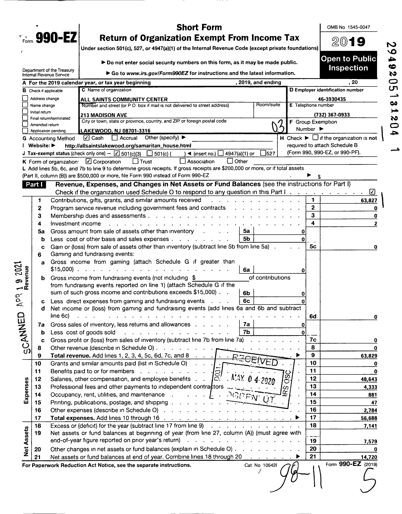 Image of first page of 2019 Form 990EZ for All Saints Community Center