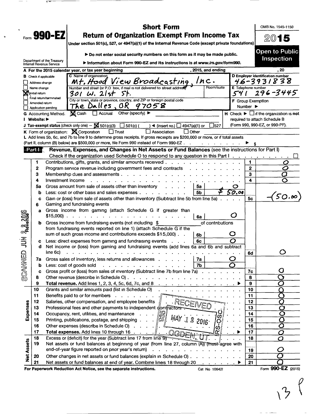 Image of first page of 2015 Form 990EZ for MT Hood View Broadcasting