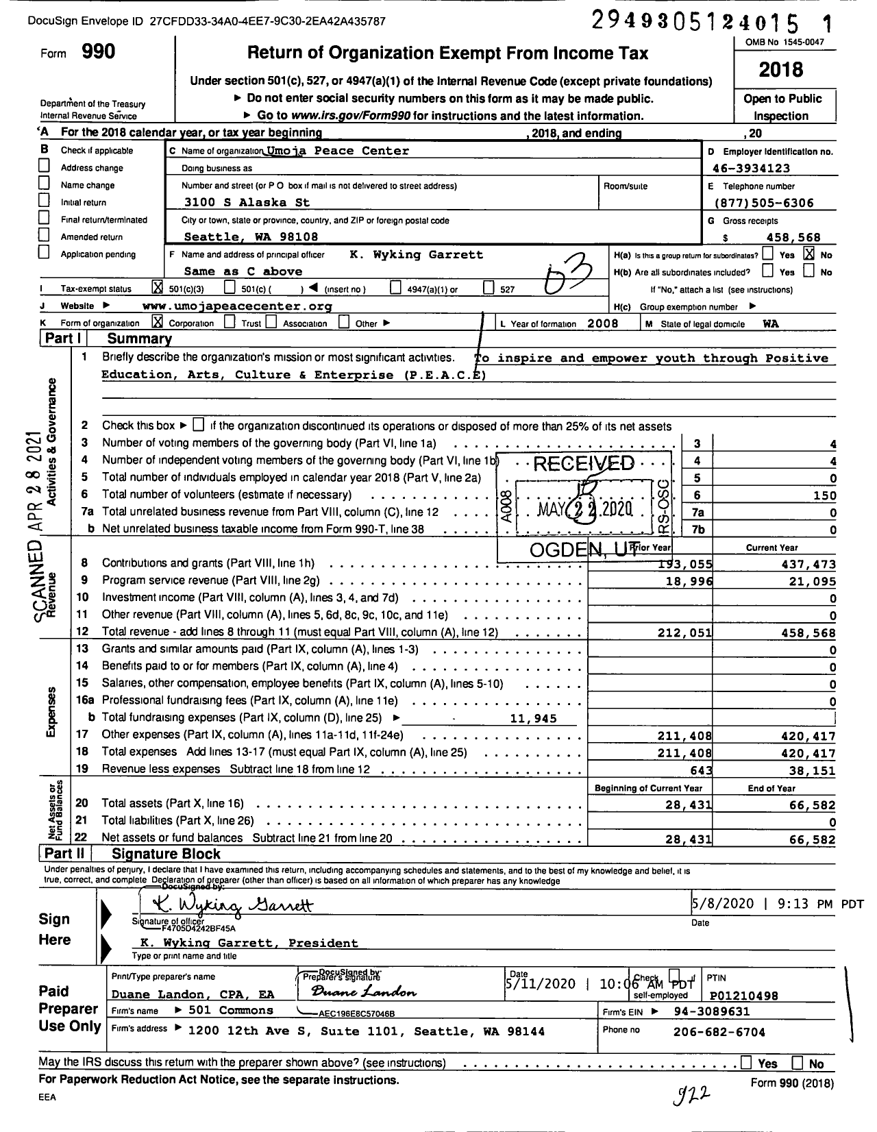 Image of first page of 2019 Form 990 for Umoja Peace Center