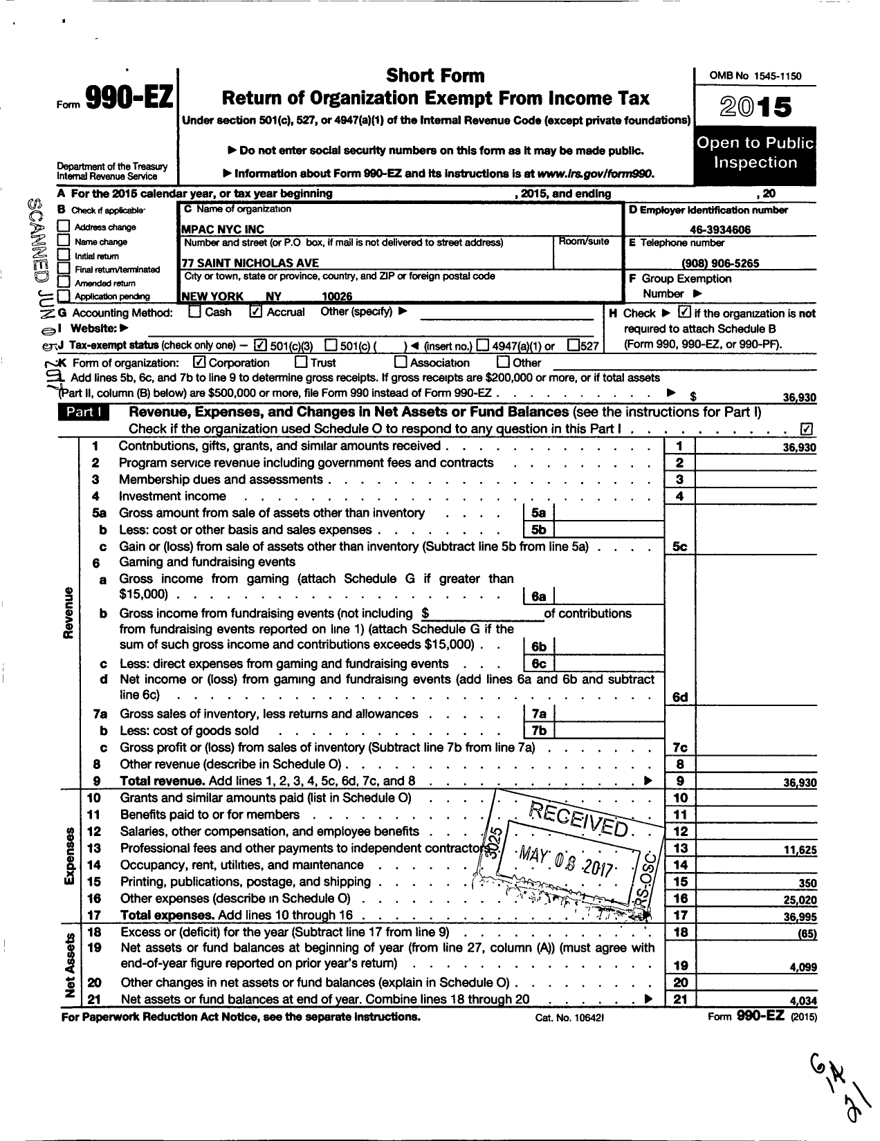 Image of first page of 2015 Form 990EZ for Mpac Nyc