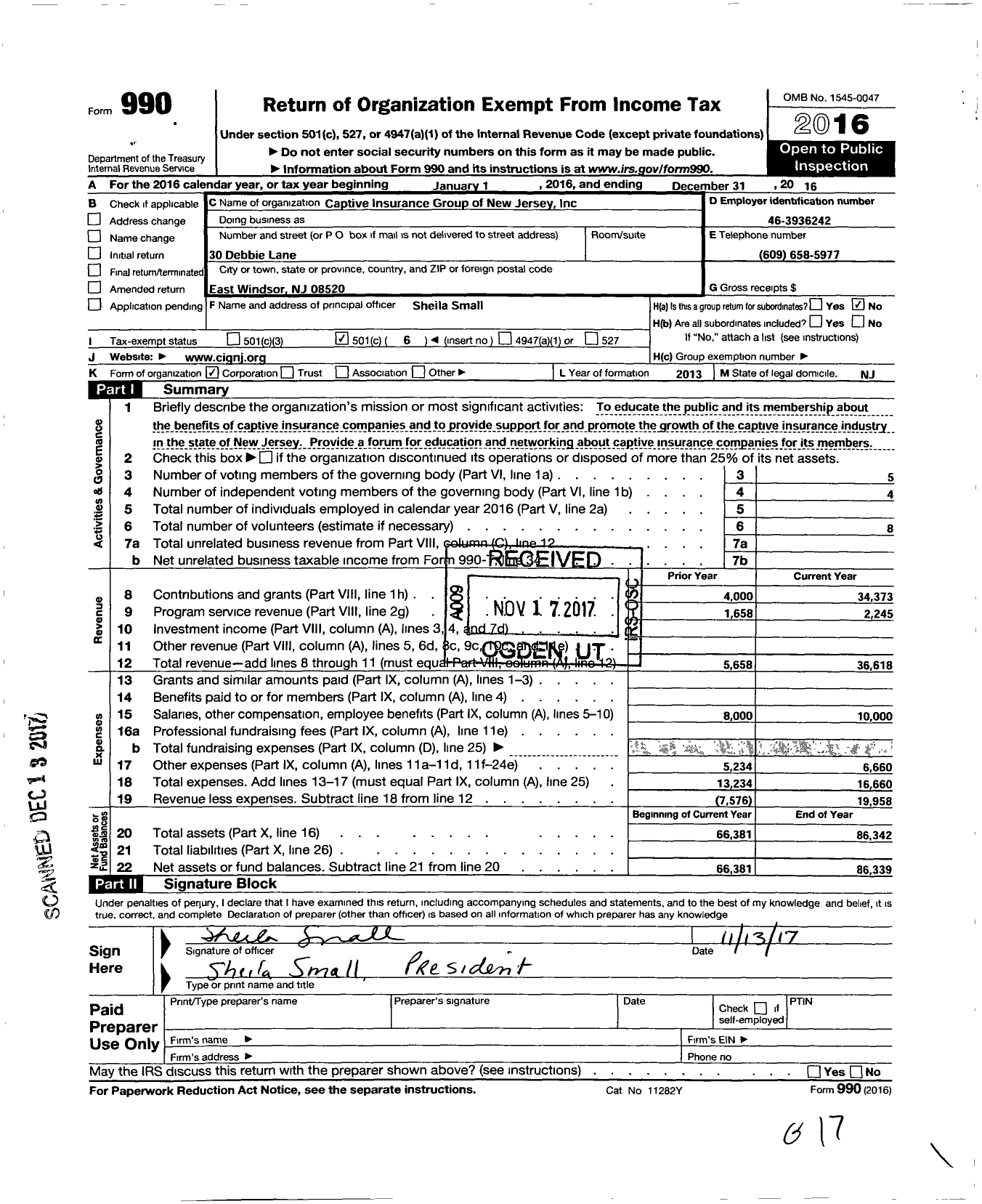 Image of first page of 2016 Form 990O for Captive Insurance Group of New Jersey (CIGNJ)