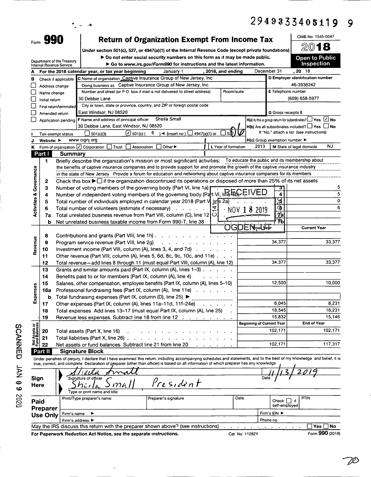 Image of first page of 2018 Form 990O for Captive Insurance Group of New Jersey (CIGNJ)