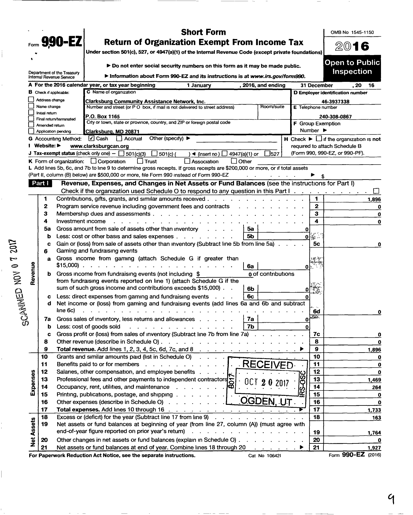 Image of first page of 2016 Form 990EO for Clarksburg Community Assistance Network