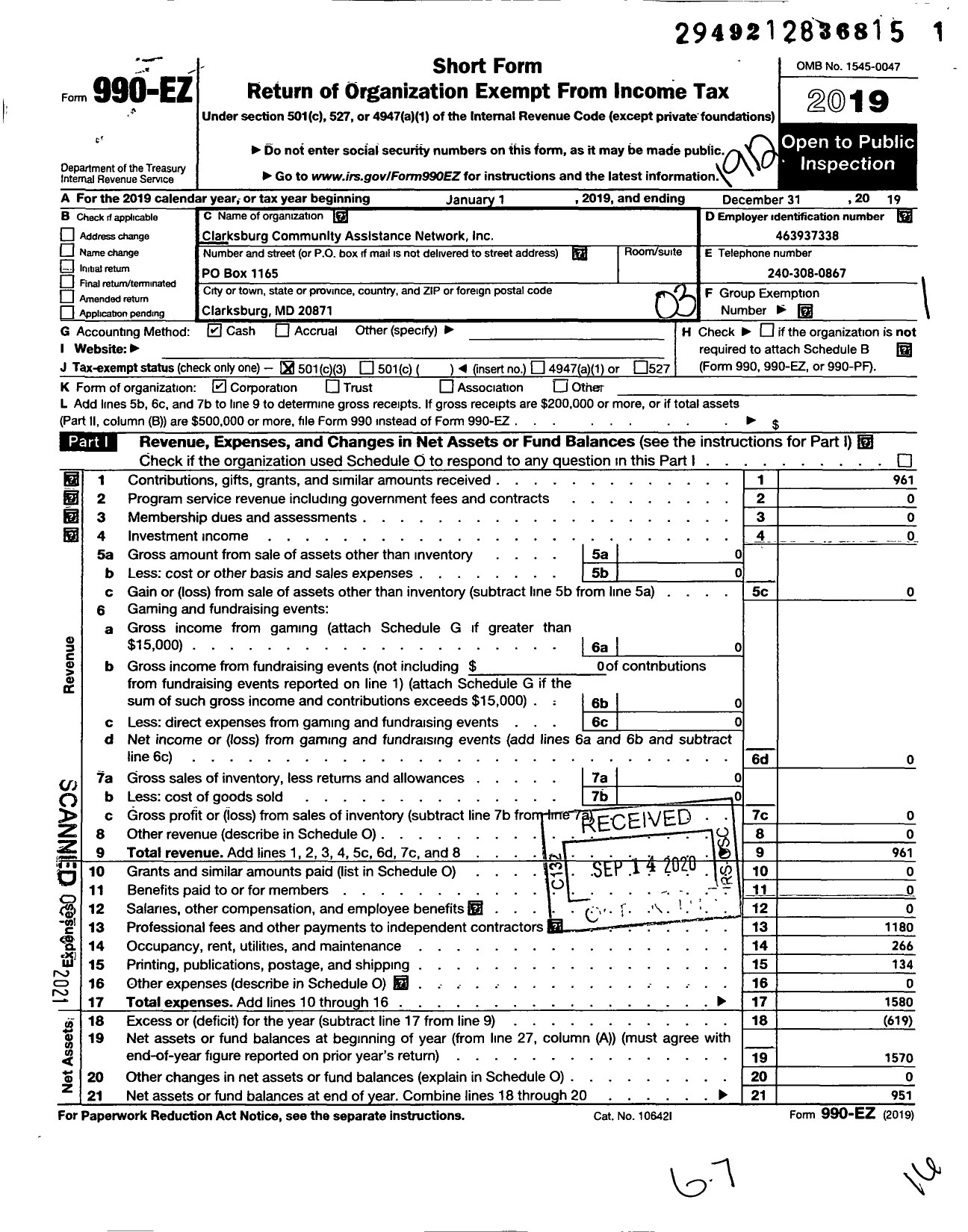 Image of first page of 2019 Form 990EZ for Clarksburg Community Assistance Network