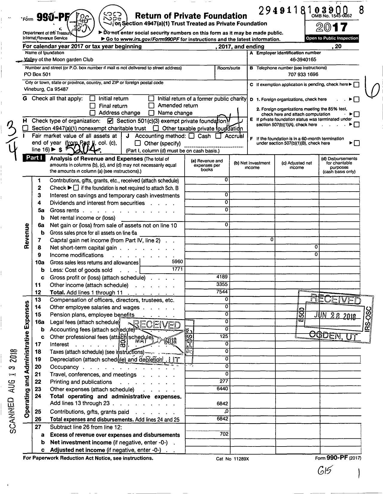 Image of first page of 2017 Form 990PF for Valley of the Moon Garden Club