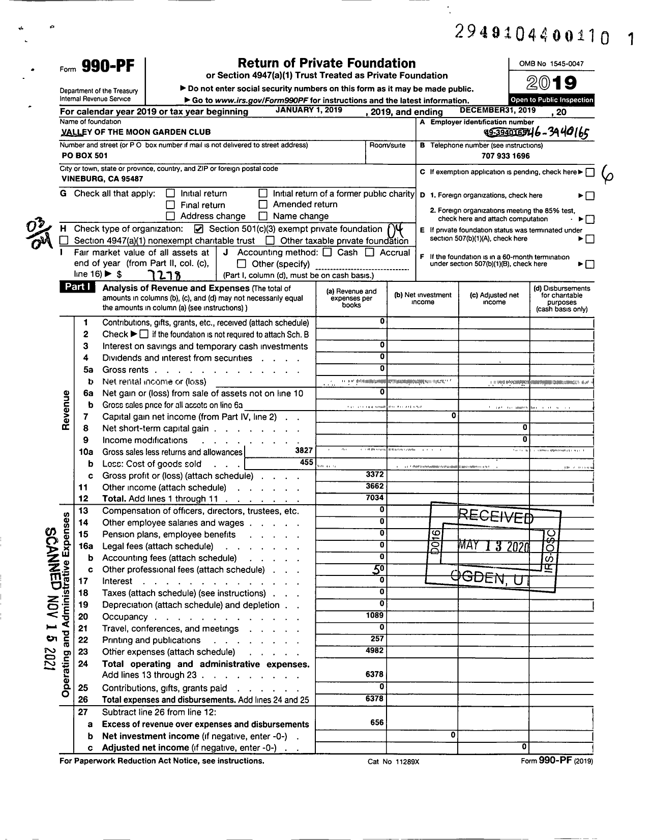 Image of first page of 2019 Form 990PF for Valley of the Moon Garden Club