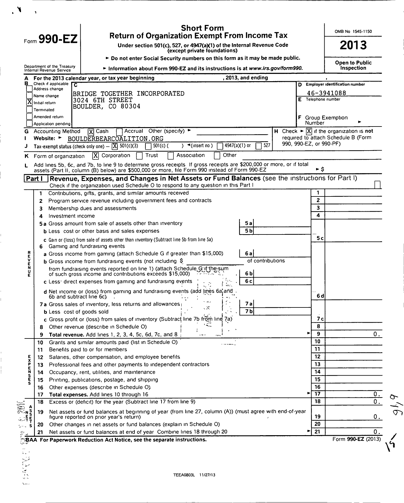 Image of first page of 2013 Form 990EZ for Boulder Bear Coalition