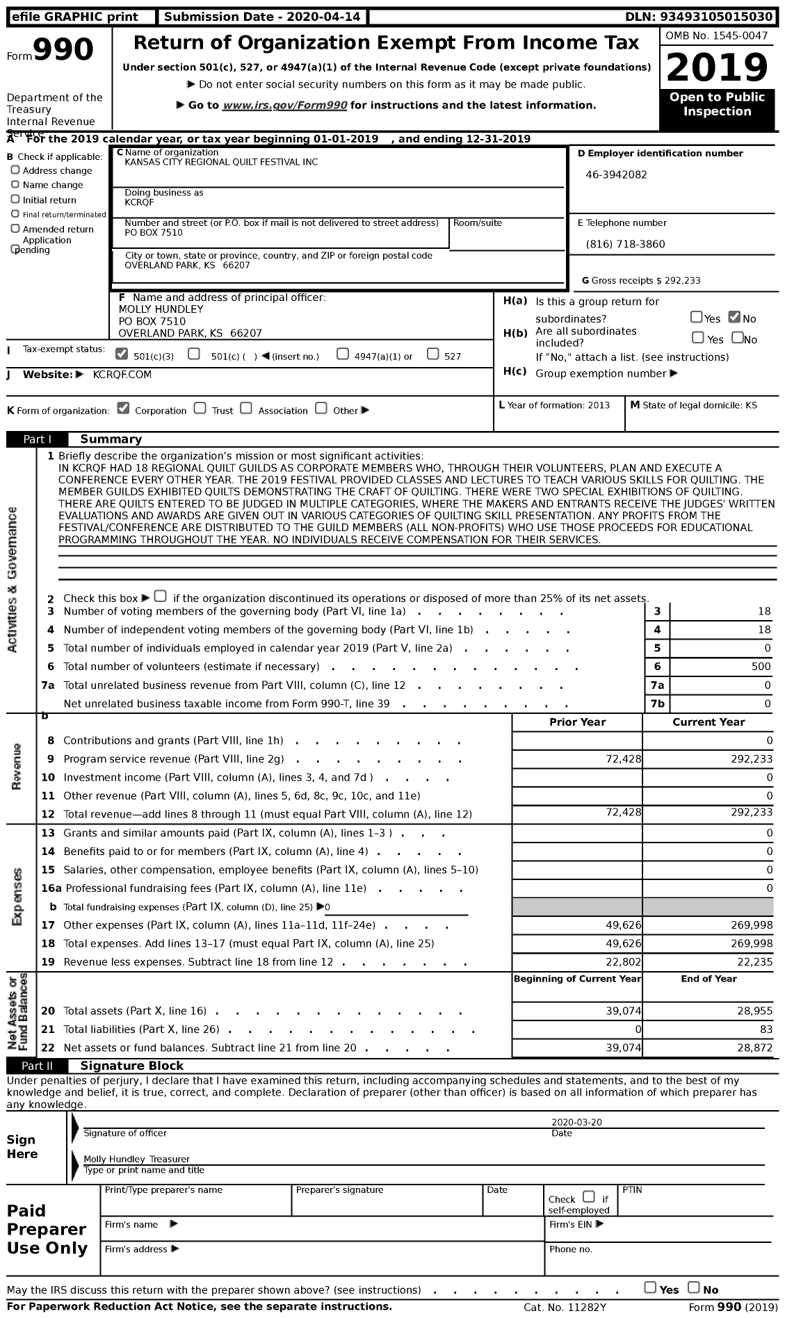 Image of first page of 2019 Form 990 for Kansas City Regional Quilt Festival (KCRQF)