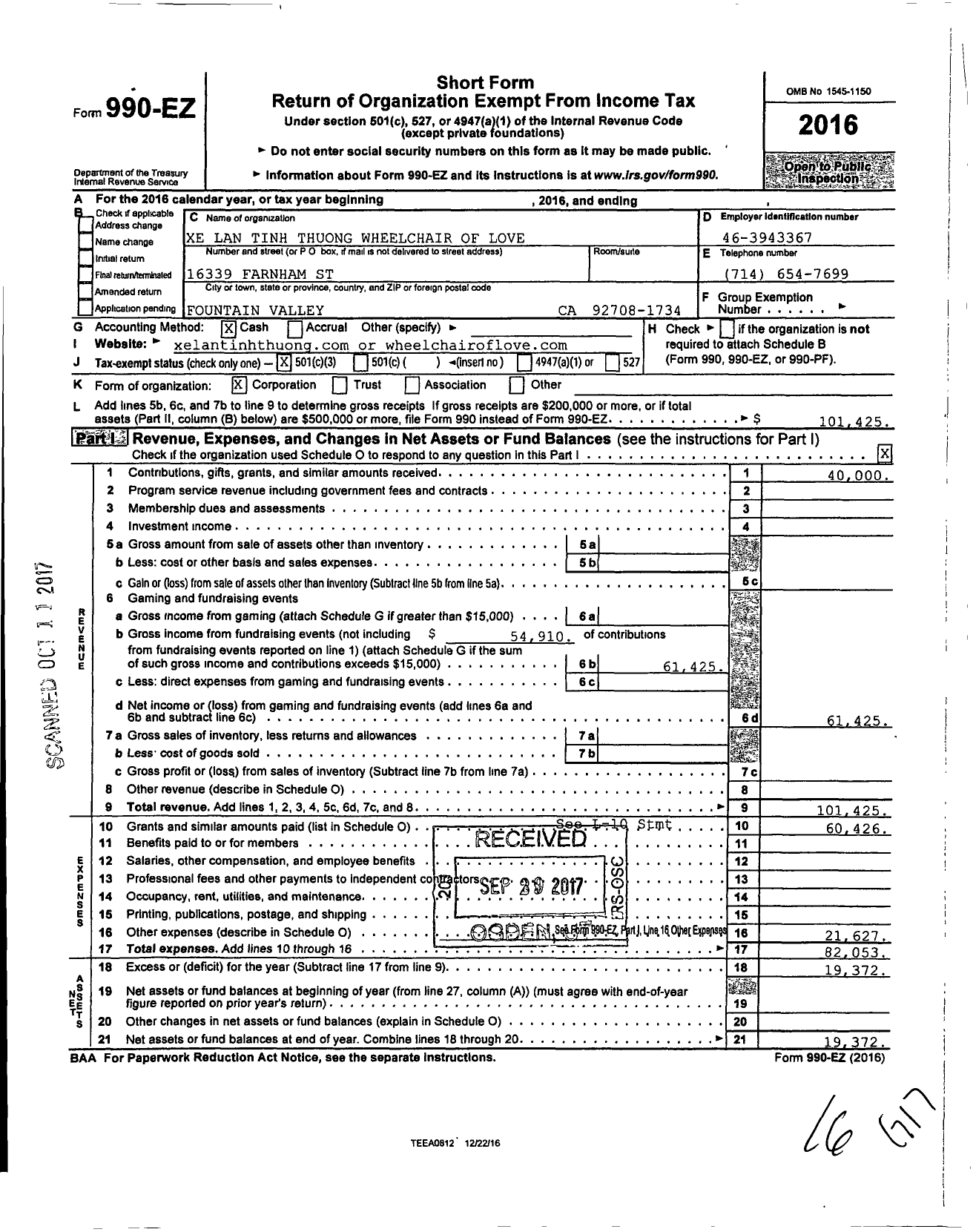 Image of first page of 2016 Form 990EZ for Xe Lan Tinh Thuong Wheelchair of Love A Nonprofit Organization