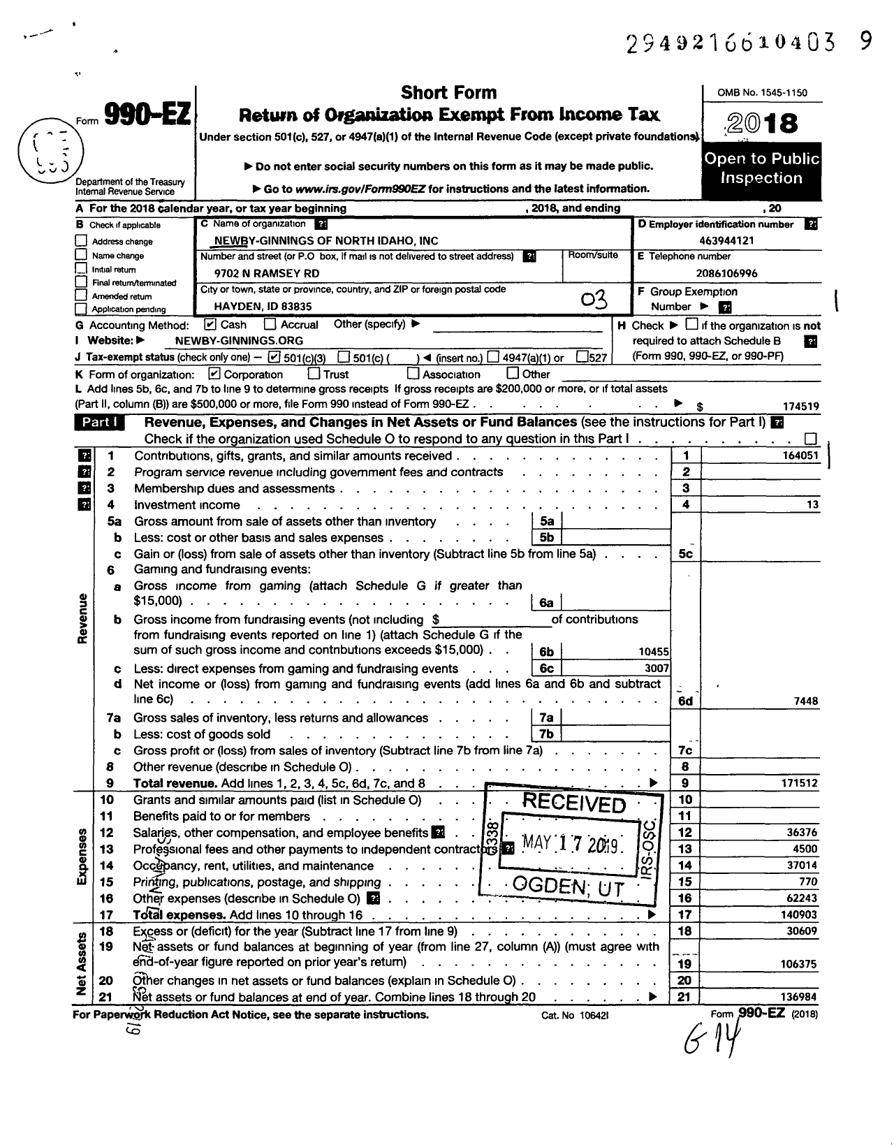 Image of first page of 2018 Form 990EZ for Newby-Ginnings of North Idaho