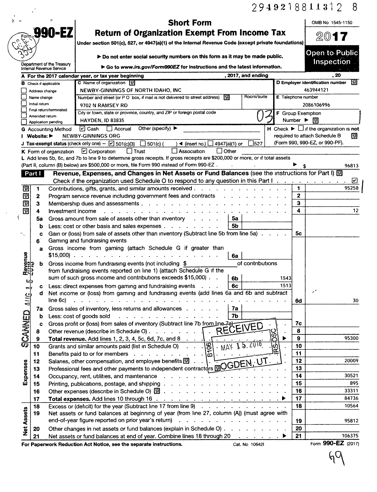 Image of first page of 2017 Form 990EZ for Newby-Ginnings of North Idaho