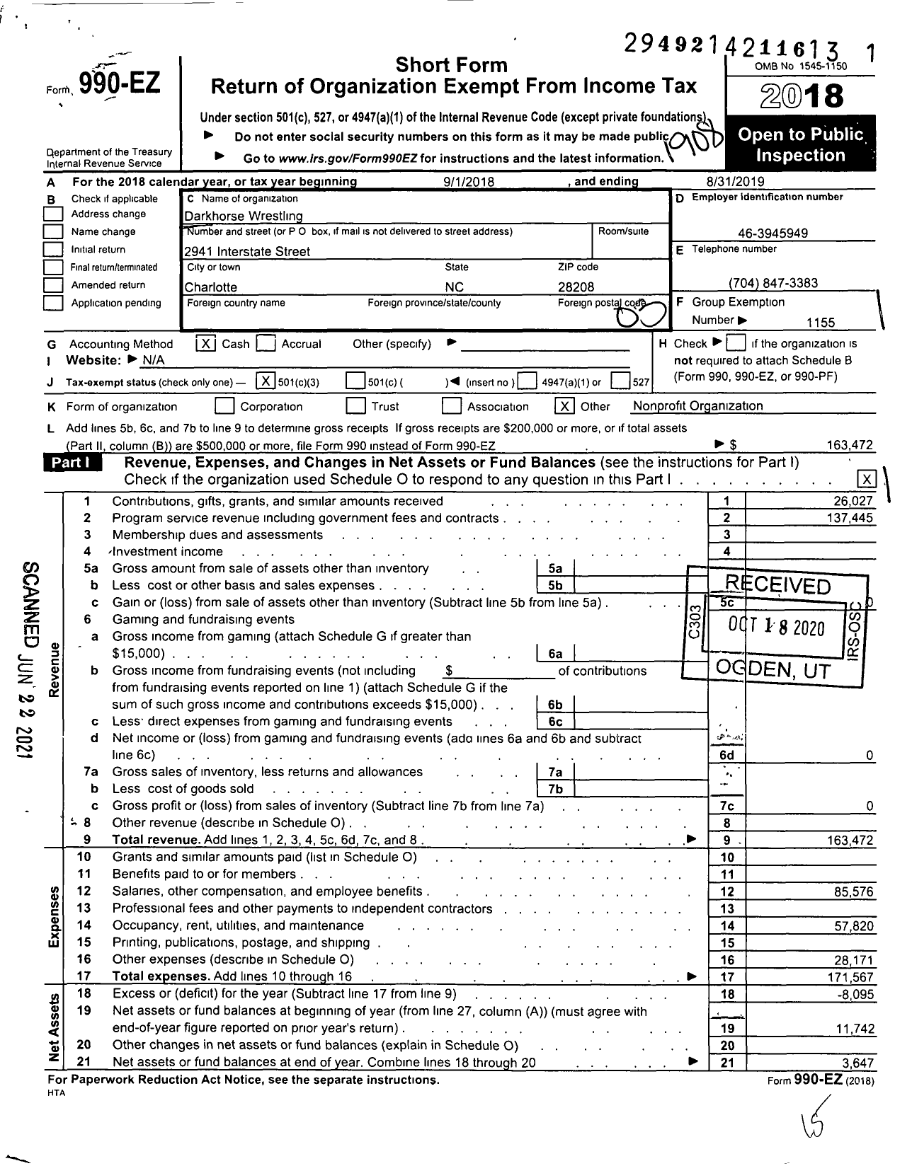 Image of first page of 2018 Form 990EZ for Darkhorse Wrestling