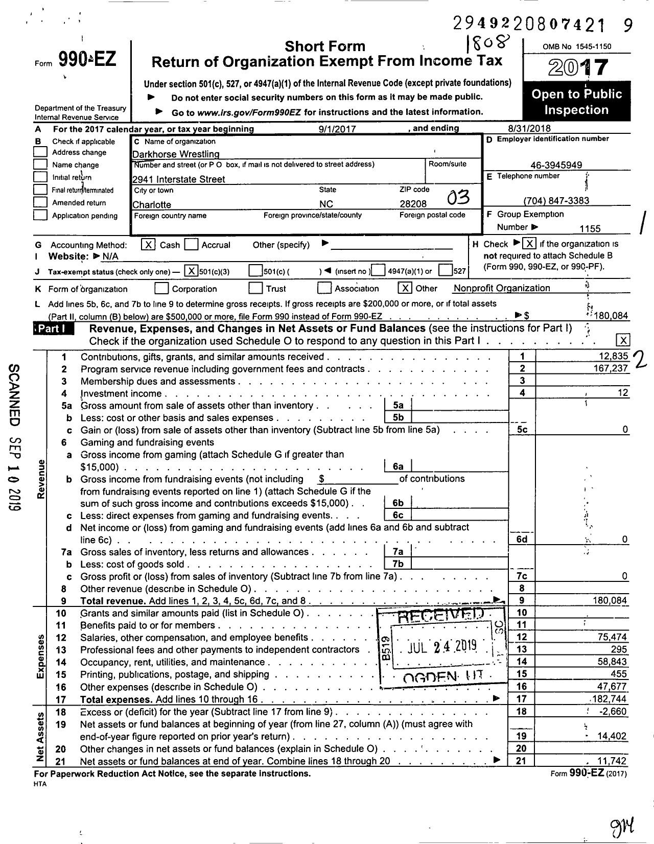 Image of first page of 2017 Form 990EZ for Darkhorse Wrestling