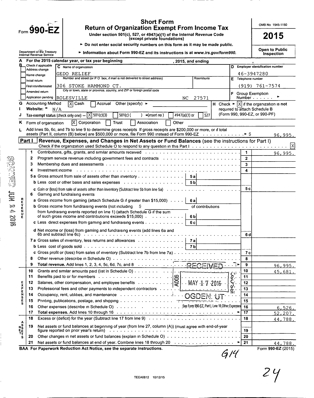 Image of first page of 2015 Form 990EZ for Gedo Relief