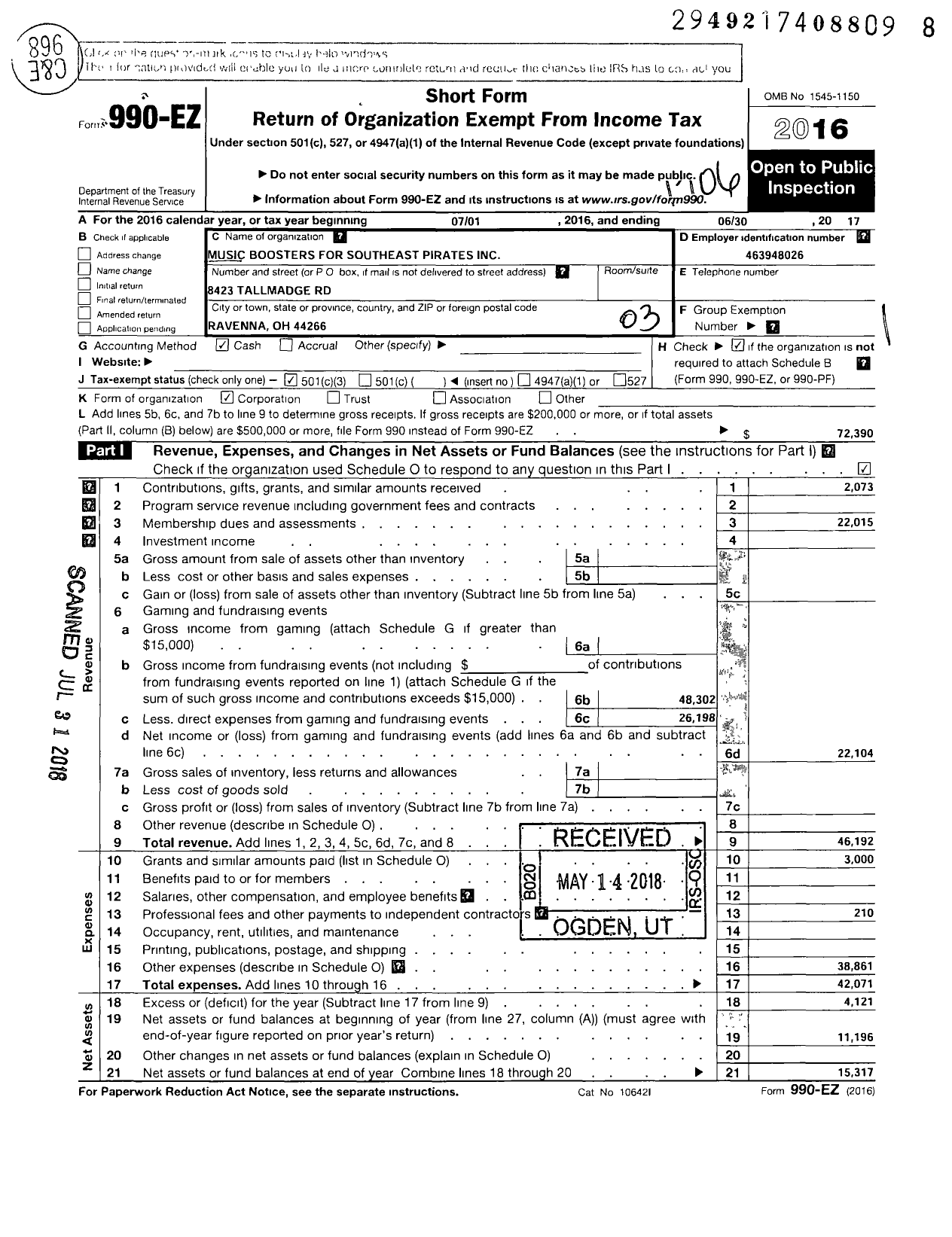 Image of first page of 2016 Form 990EZ for Music Boosters for Southeast Pirates