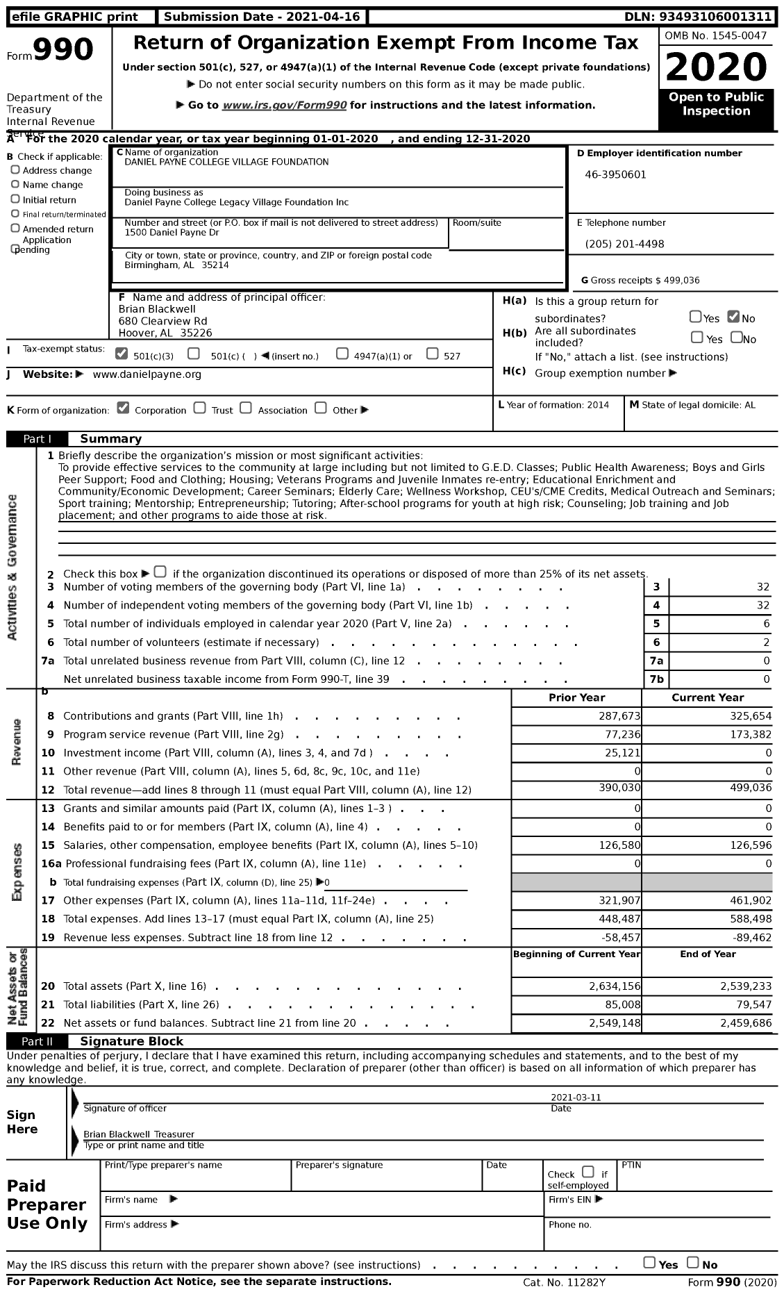 Image of first page of 2020 Form 990 for Daniel Payne College Legacy Village Foundation