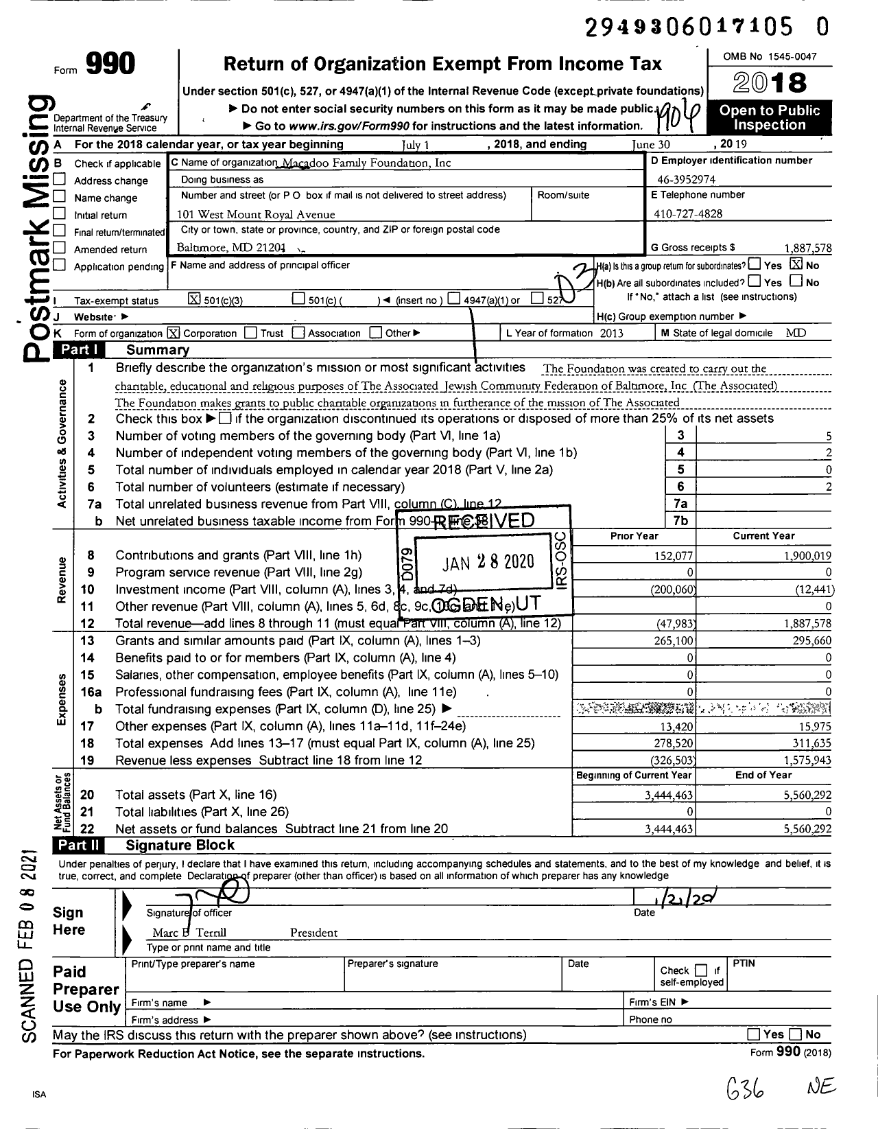 Image of first page of 2018 Form 990 for Macadoo Family Foundation