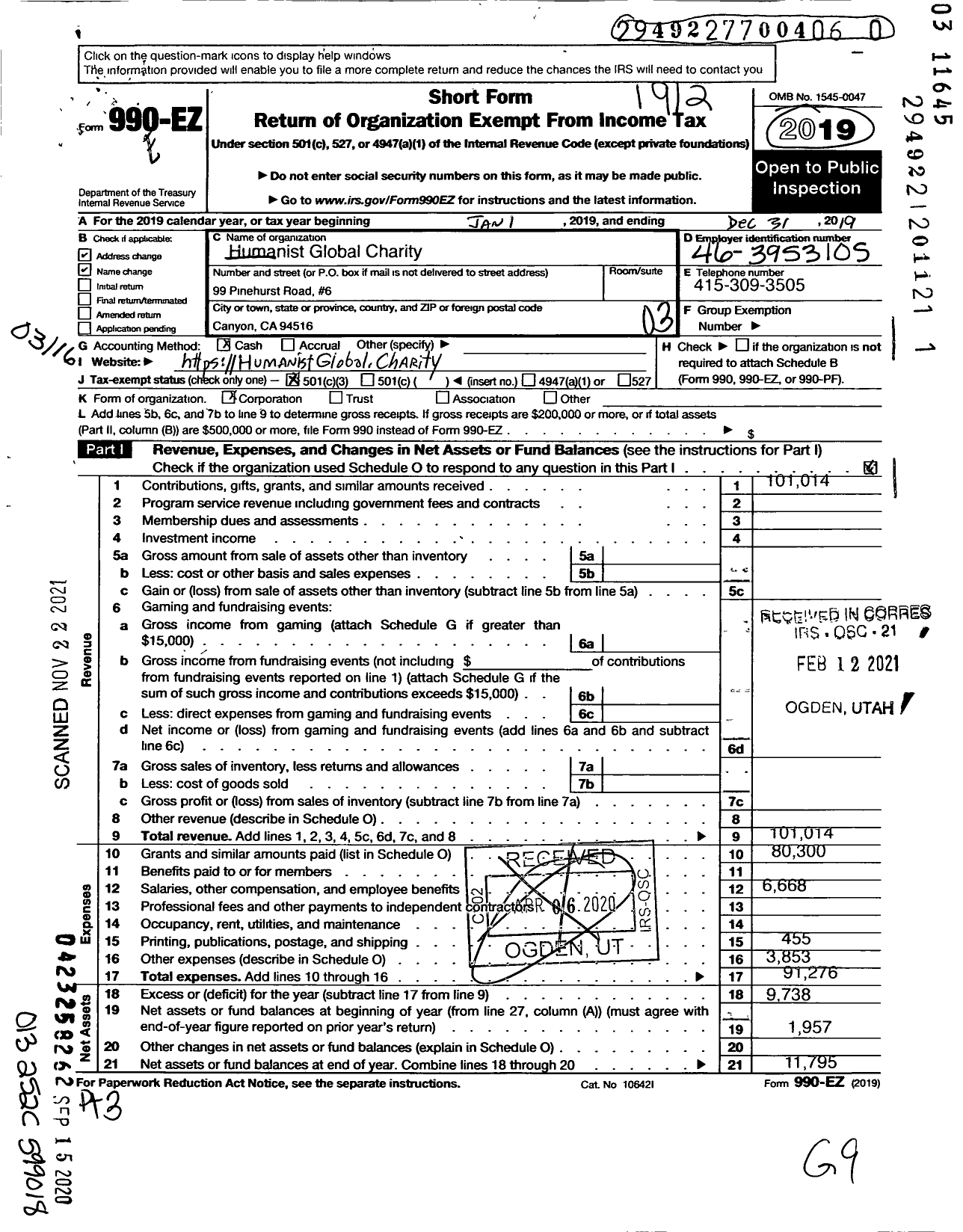 Image of first page of 2019 Form 990EZ for Humanist Global Charity