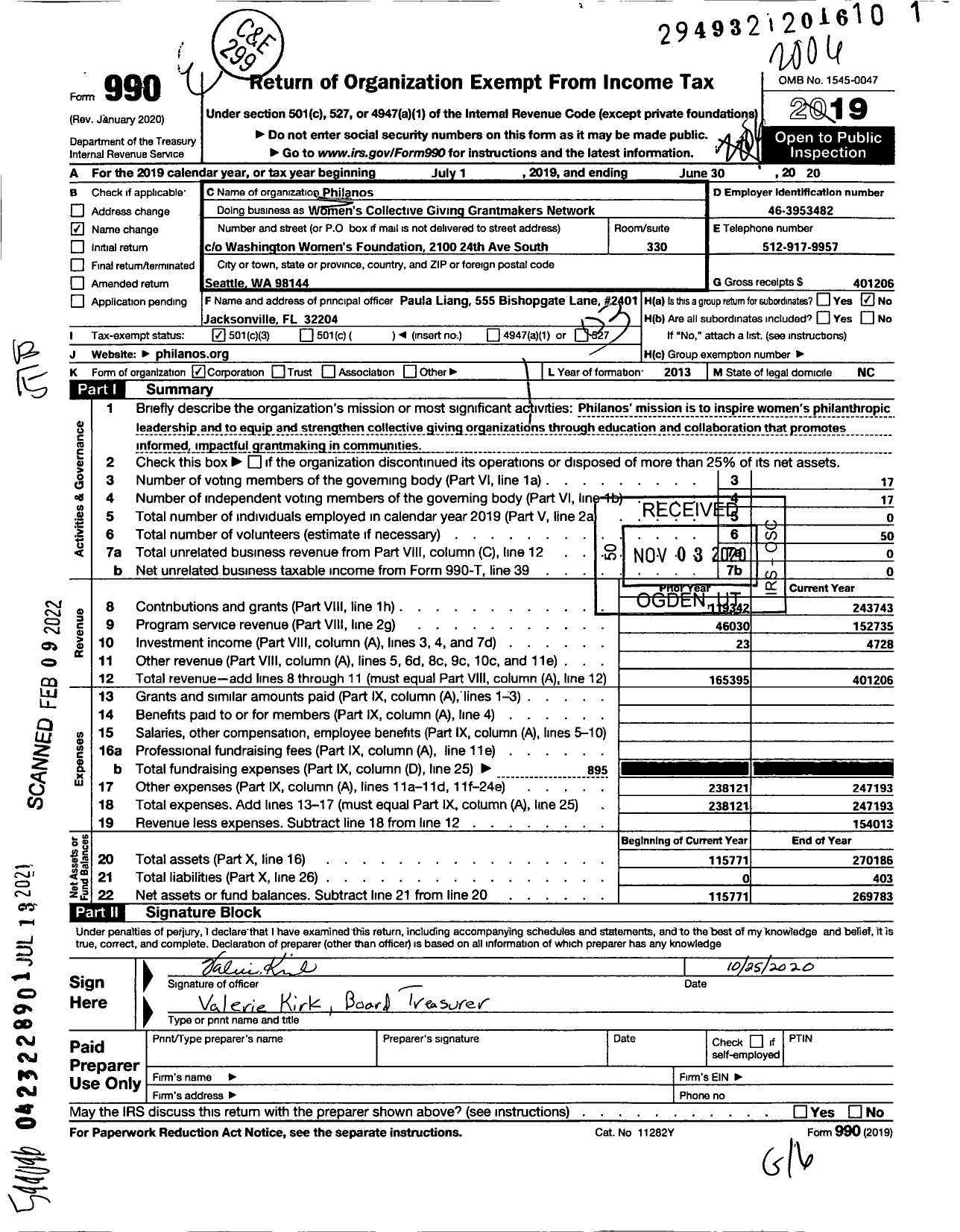 Image of first page of 2019 Form 990 for Philanos