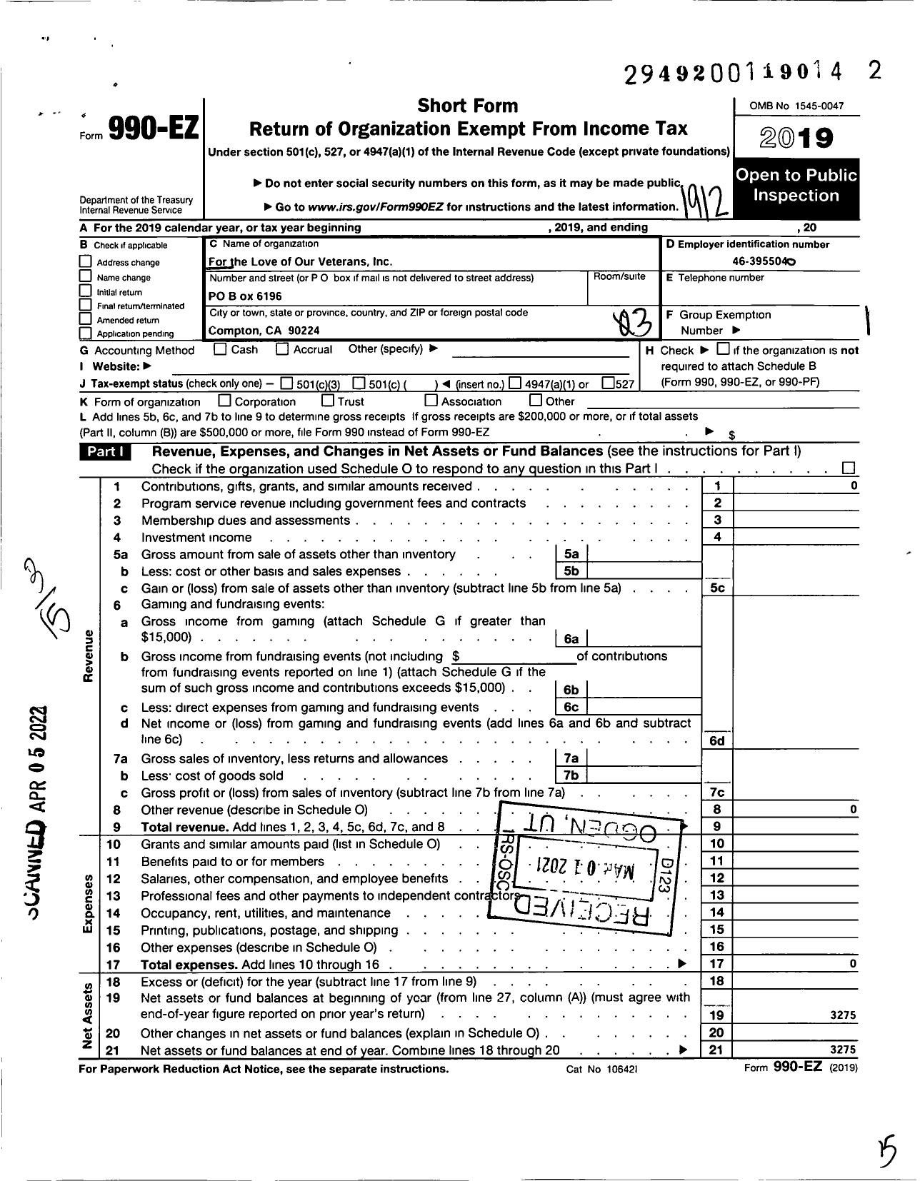 Image of first page of 2019 Form 990EZ for For the Love of Our Veterans