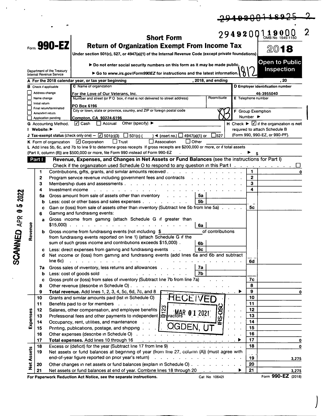 Image of first page of 2018 Form 990EZ for For the Love of Our Veterans