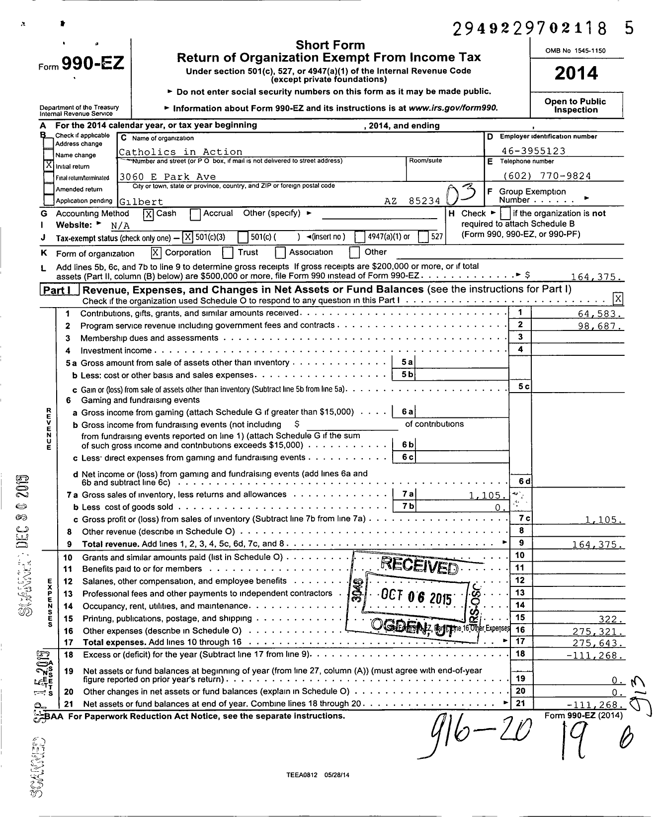 Image of first page of 2014 Form 990EZ for Catholics in Action