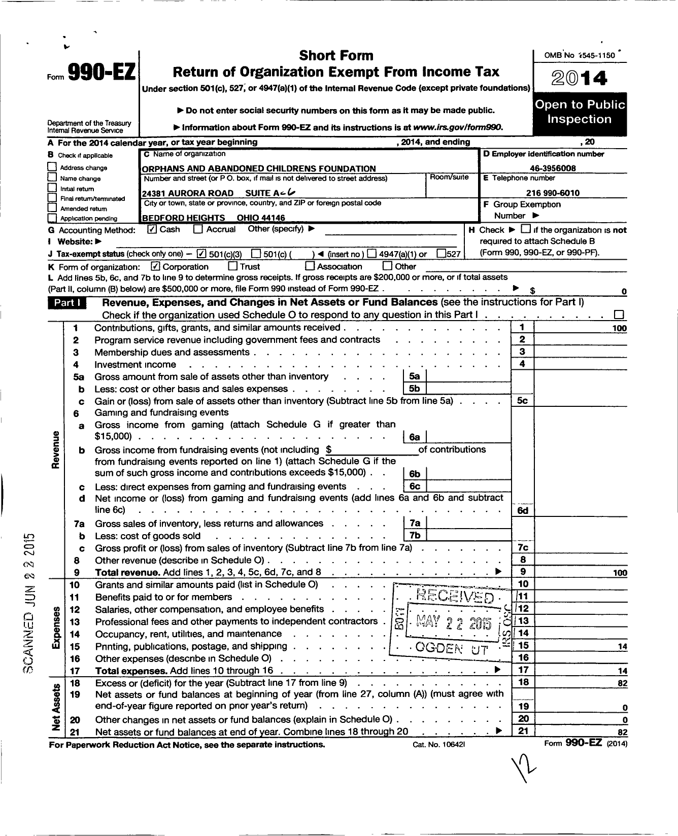 Image of first page of 2014 Form 990EZ for Orphans and Abandoned Childrens Foundation