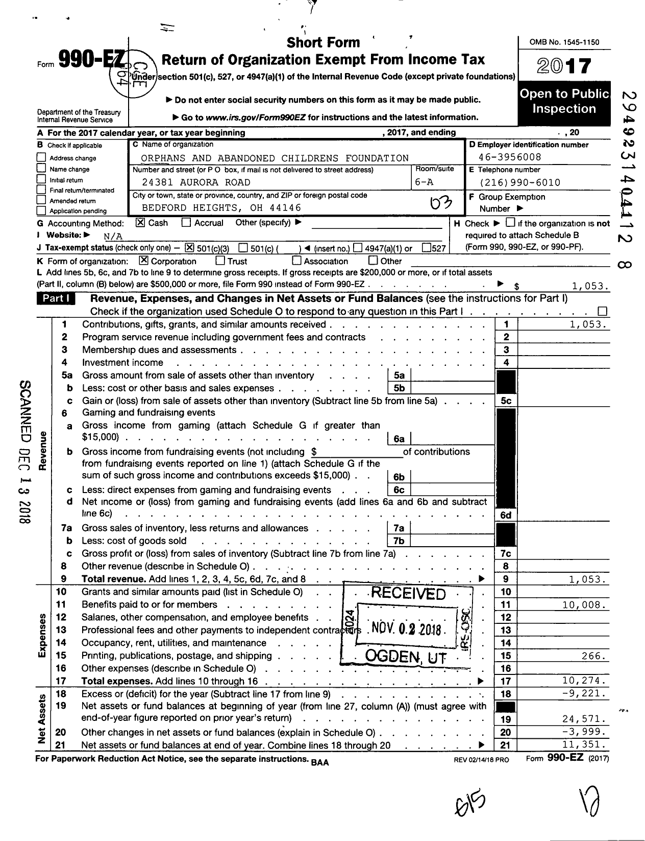 Image of first page of 2017 Form 990EZ for Orphans and Abandoned Childrens Foundation