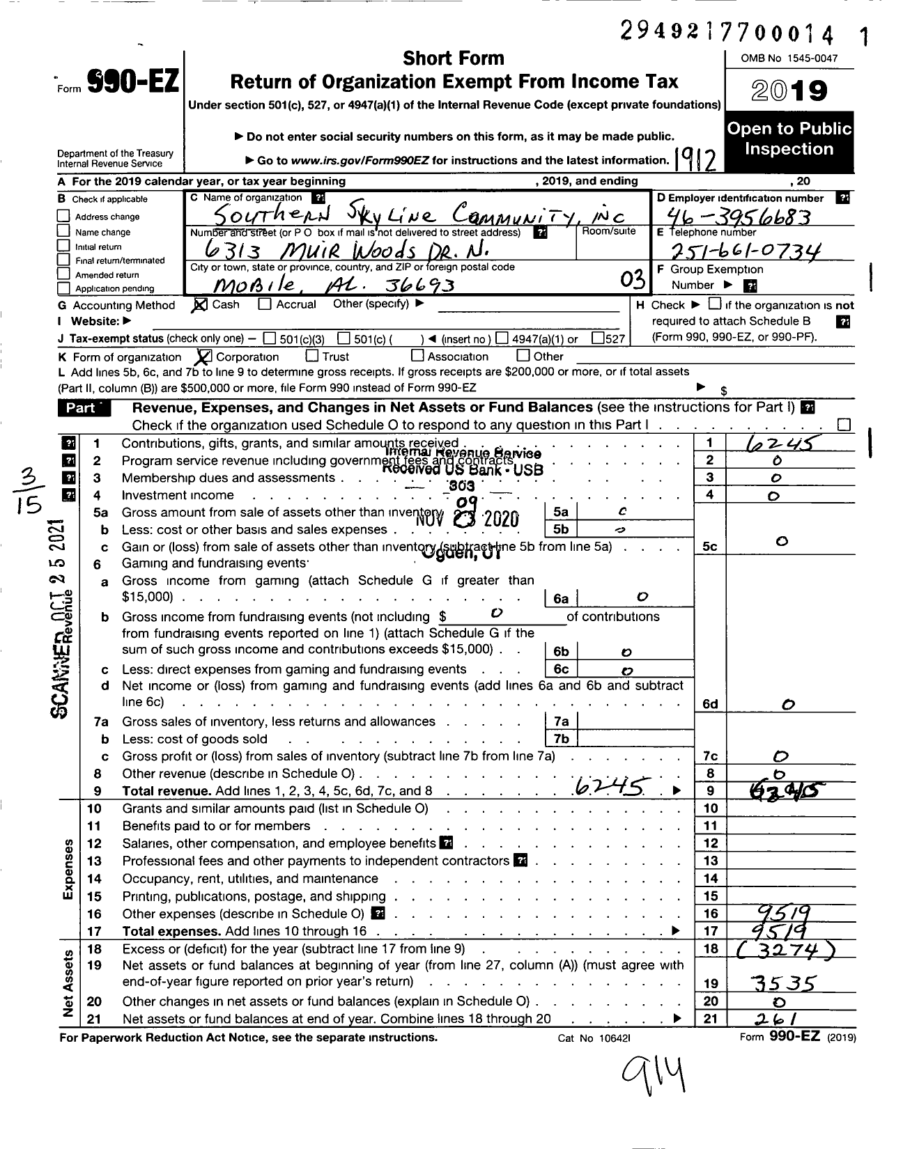 Image of first page of 2019 Form 990EZ for Southern Skyline Community