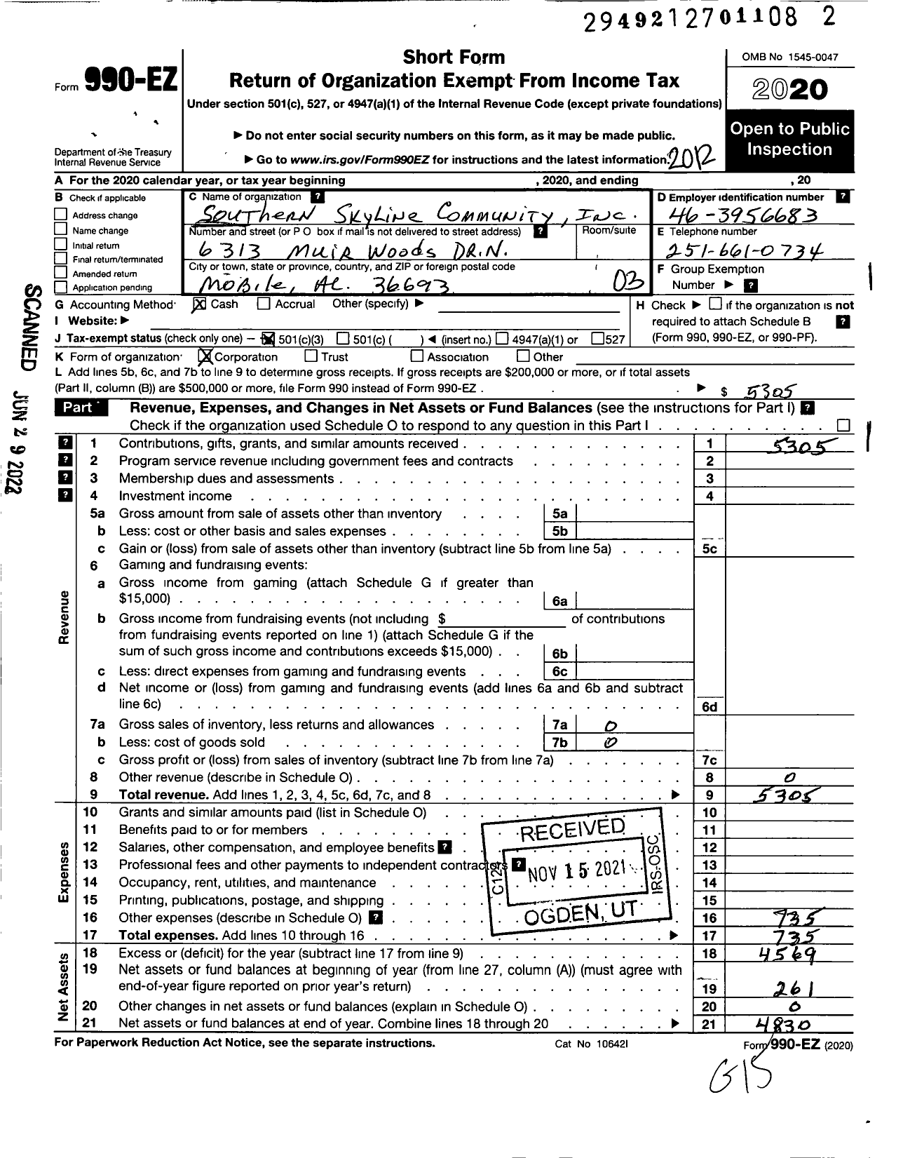 Image of first page of 2020 Form 990EZ for Southern Skyline Community