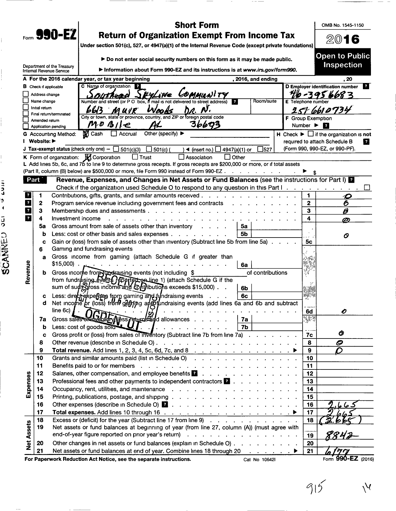 Image of first page of 2016 Form 990EO for Southern Skyline Community