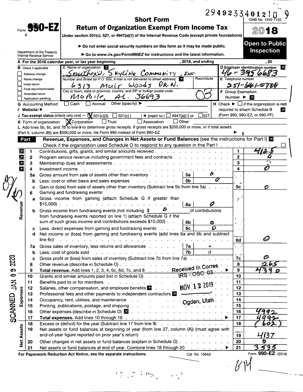 Image of first page of 2018 Form 990EZ for Southern Skyline Community