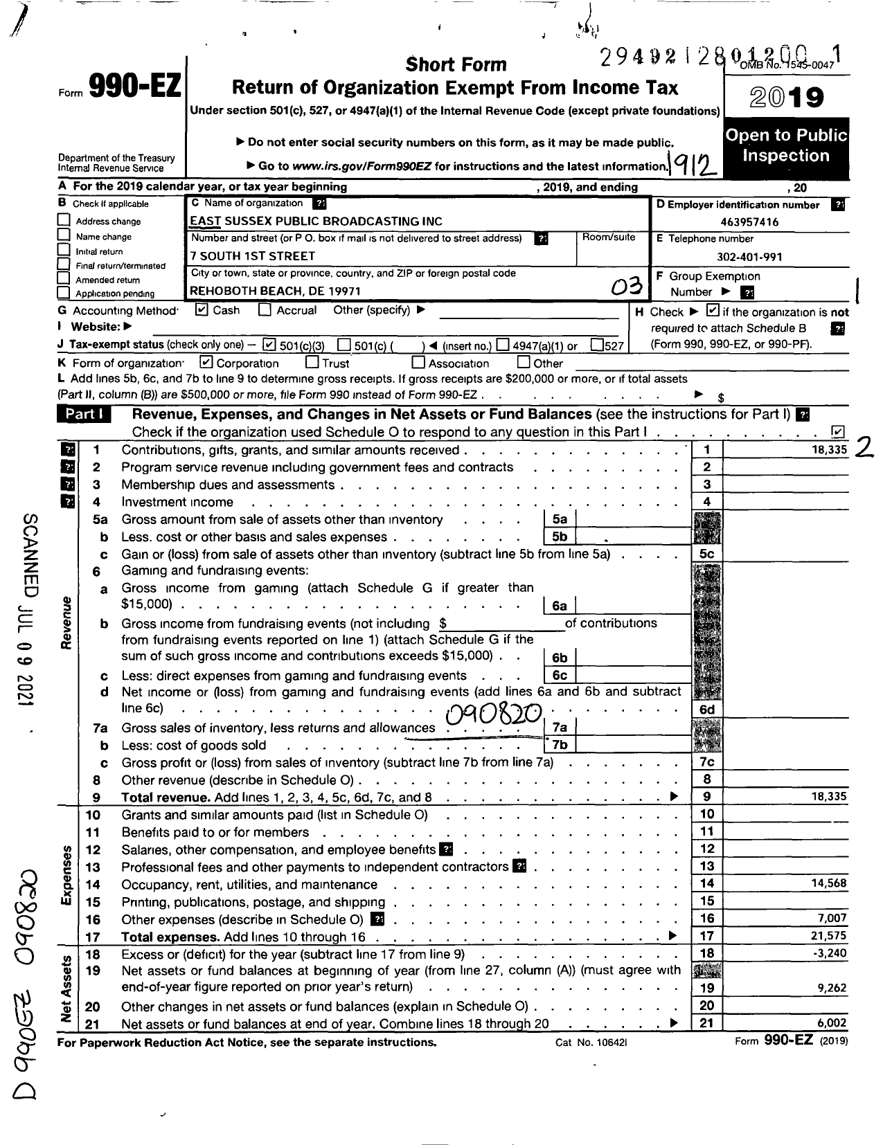 Image of first page of 2019 Form 990EZ for East Sussex Public Broadcasting Incorporated